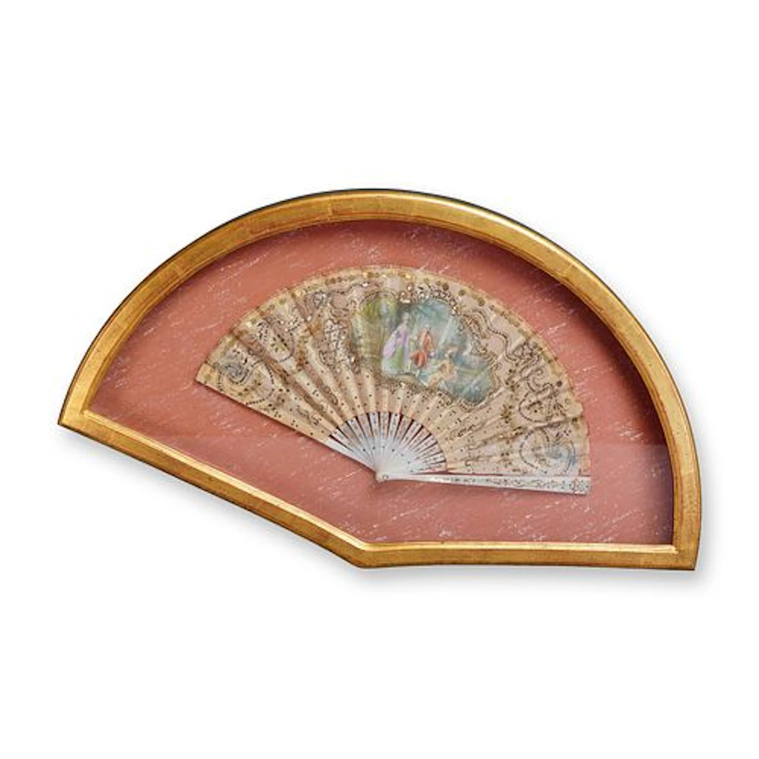 Antique Hand-painted Folding Hand Fan in Shadowbox