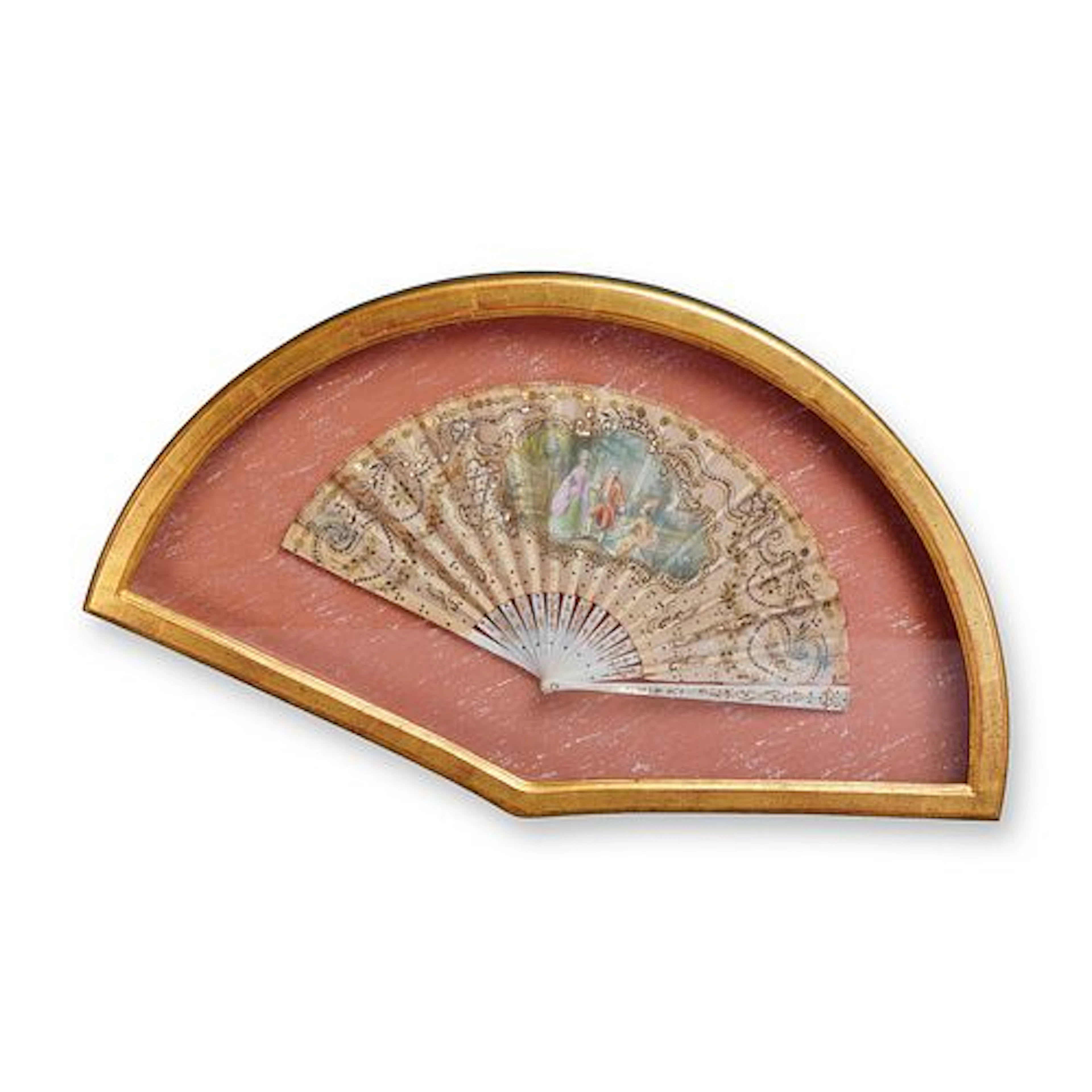 Antique Hand-painted Folding Hand Fan in Shadowbox
