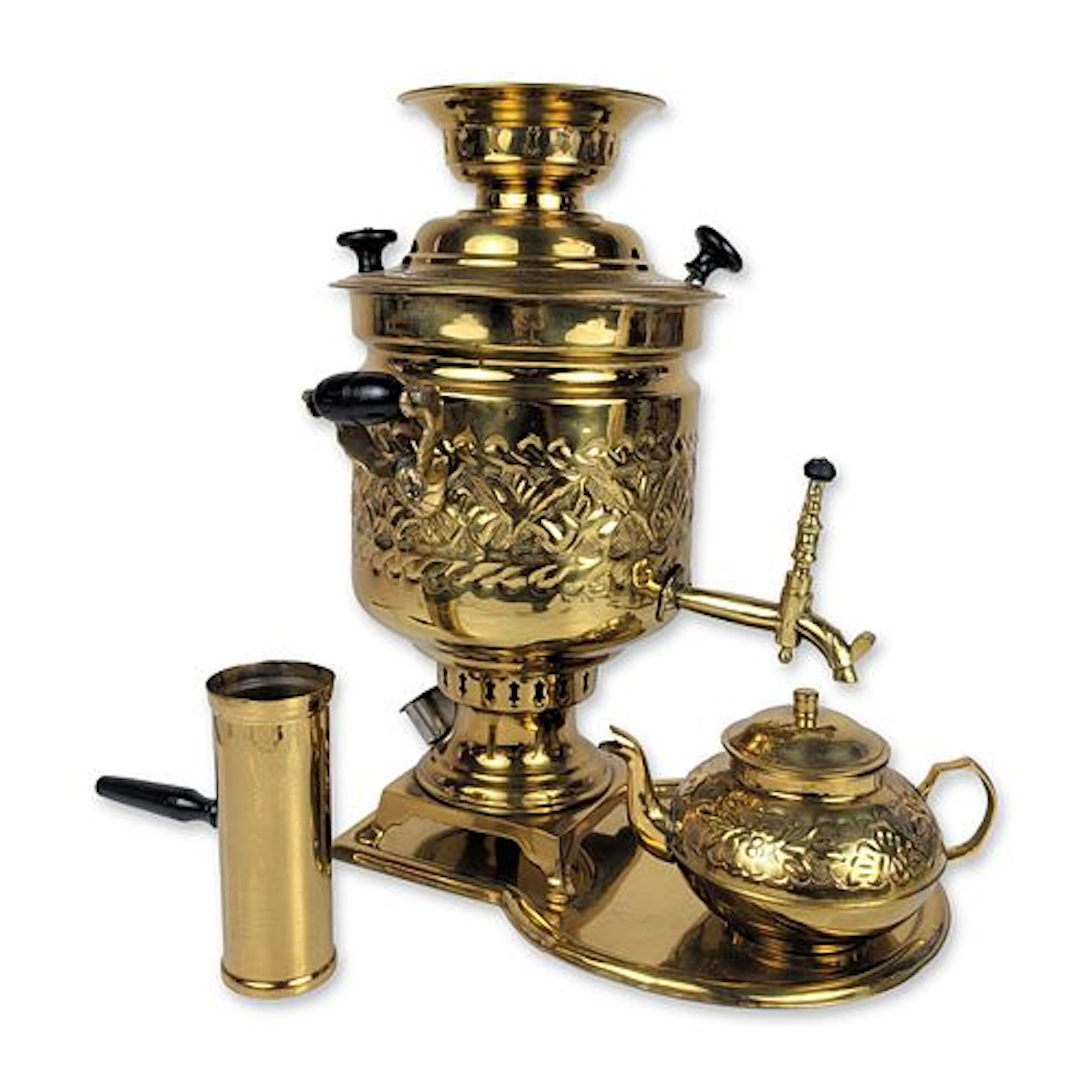 Ornate Middle Eastern Embossed Brass Samovar Service Set