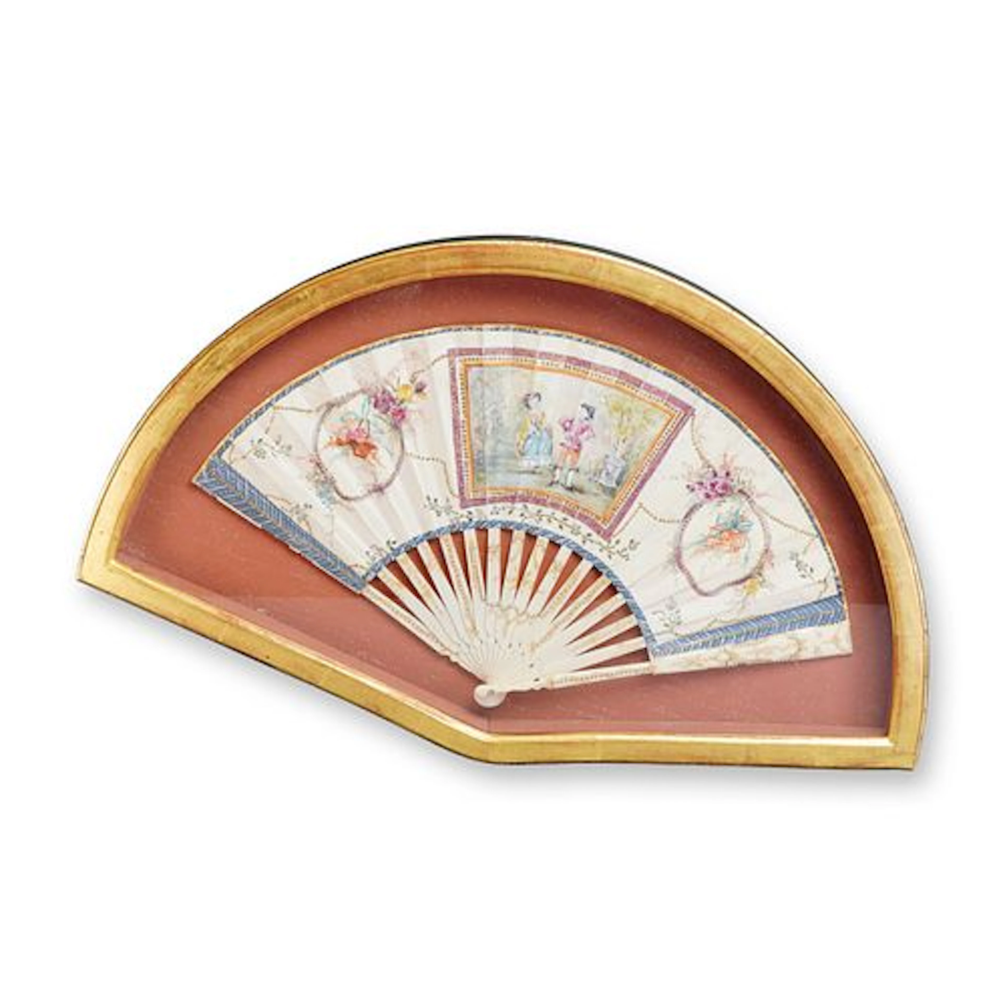 Antique Hand-painted Folding Hand Fan in Shadowbox