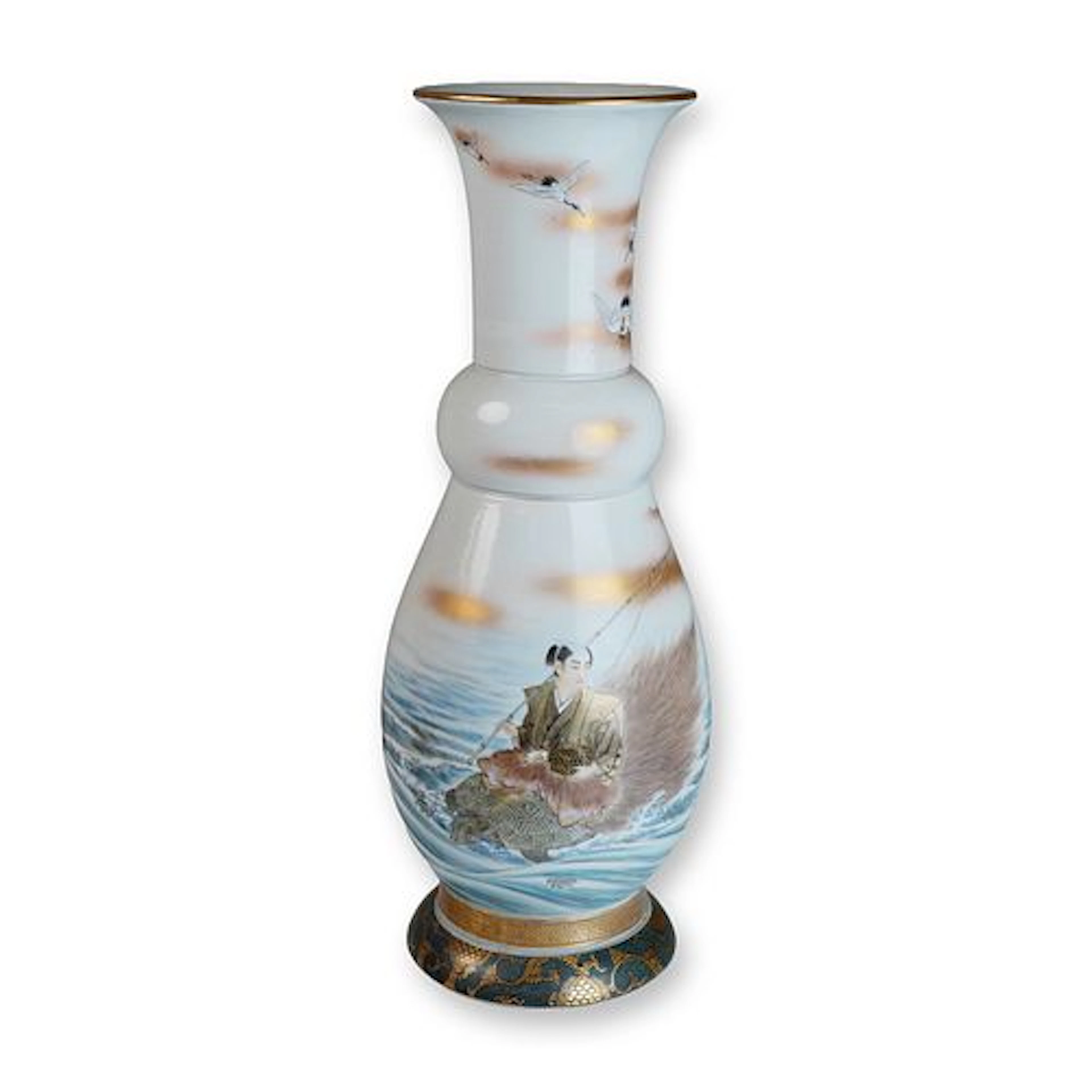 Japanese Kutani Fisherman Motif Unusual Shape Vase