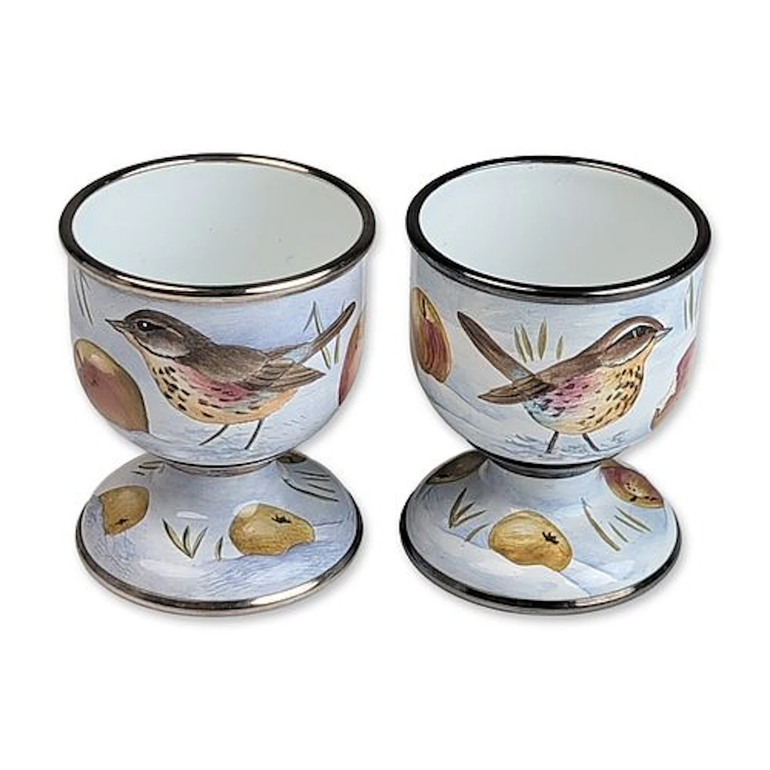 Pair of Moorcroft Enamel Redwing Bird Egg Cups