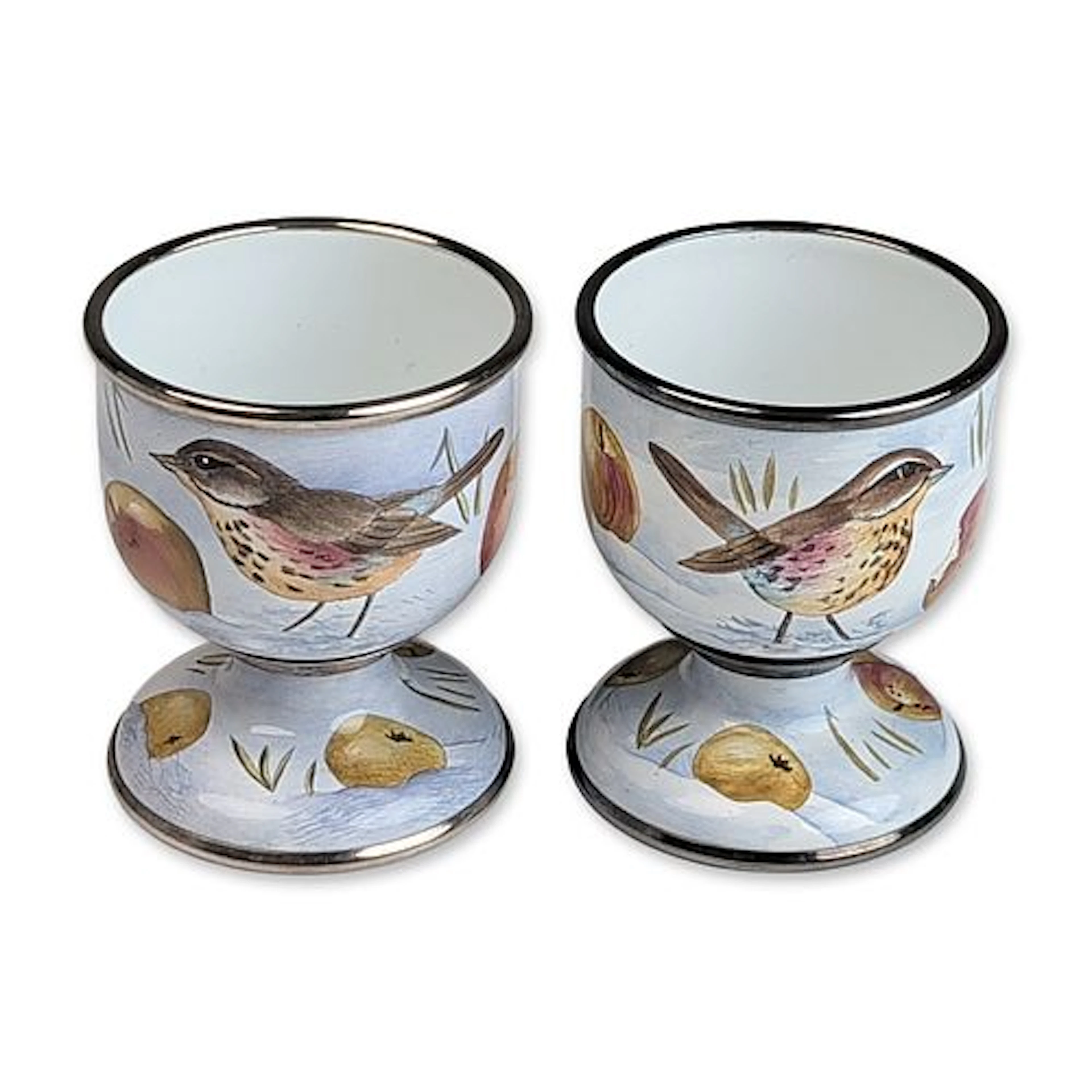 Pair of Moorcroft Enamel Redwing Bird Egg Cups