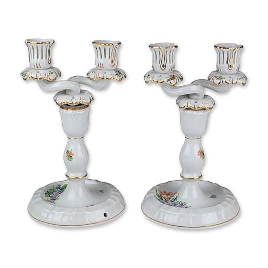 Pair of Herend Hungarian Porcelain Floral Candelabras