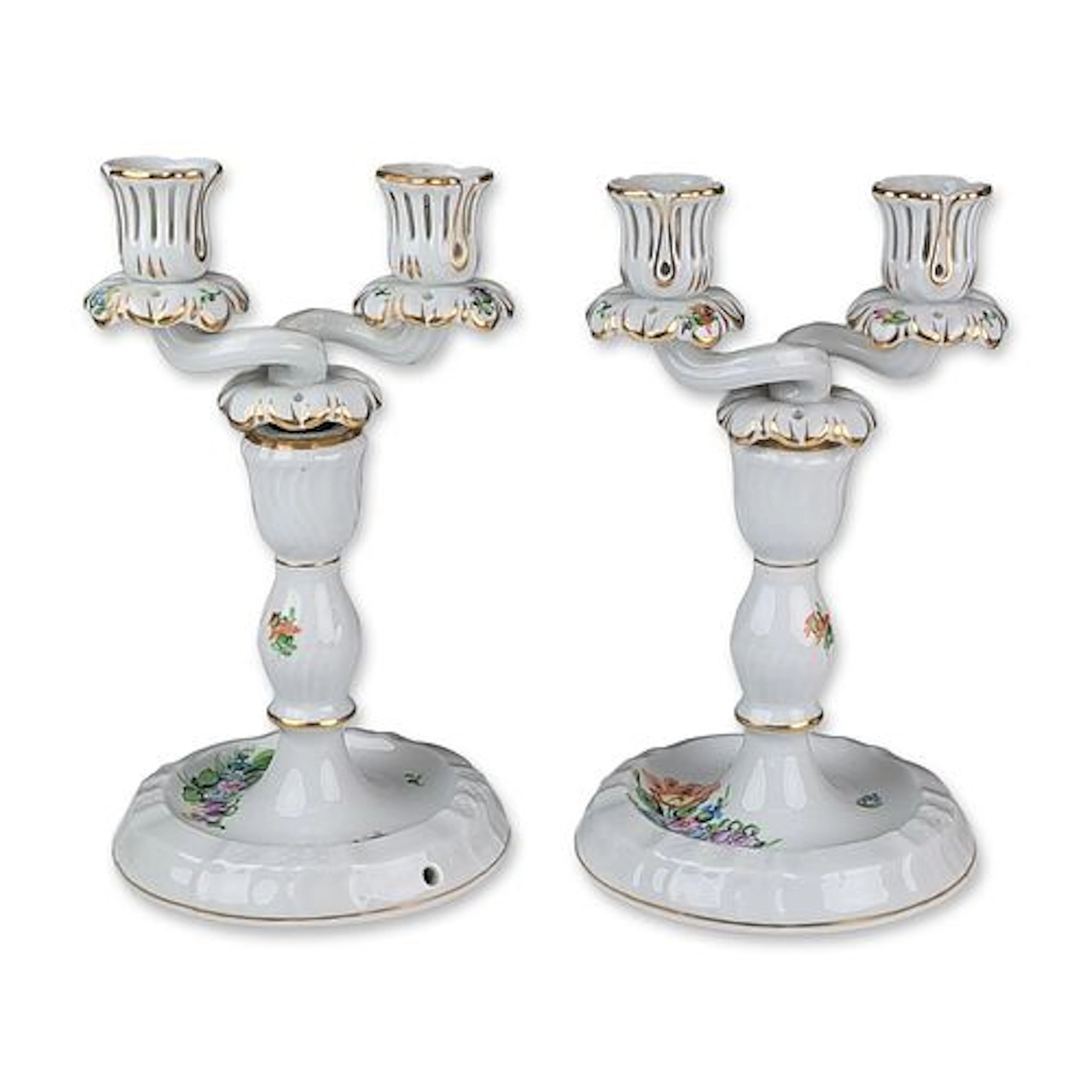 Pair of Herend Hungarian Porcelain Floral Candelabras