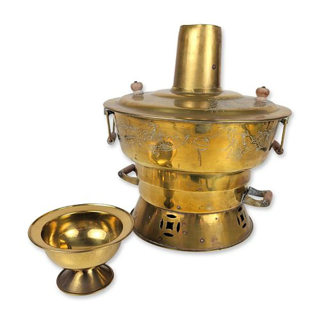 Vintage Hong Kong Brass Dragon and Phoenix Hot Pot Set