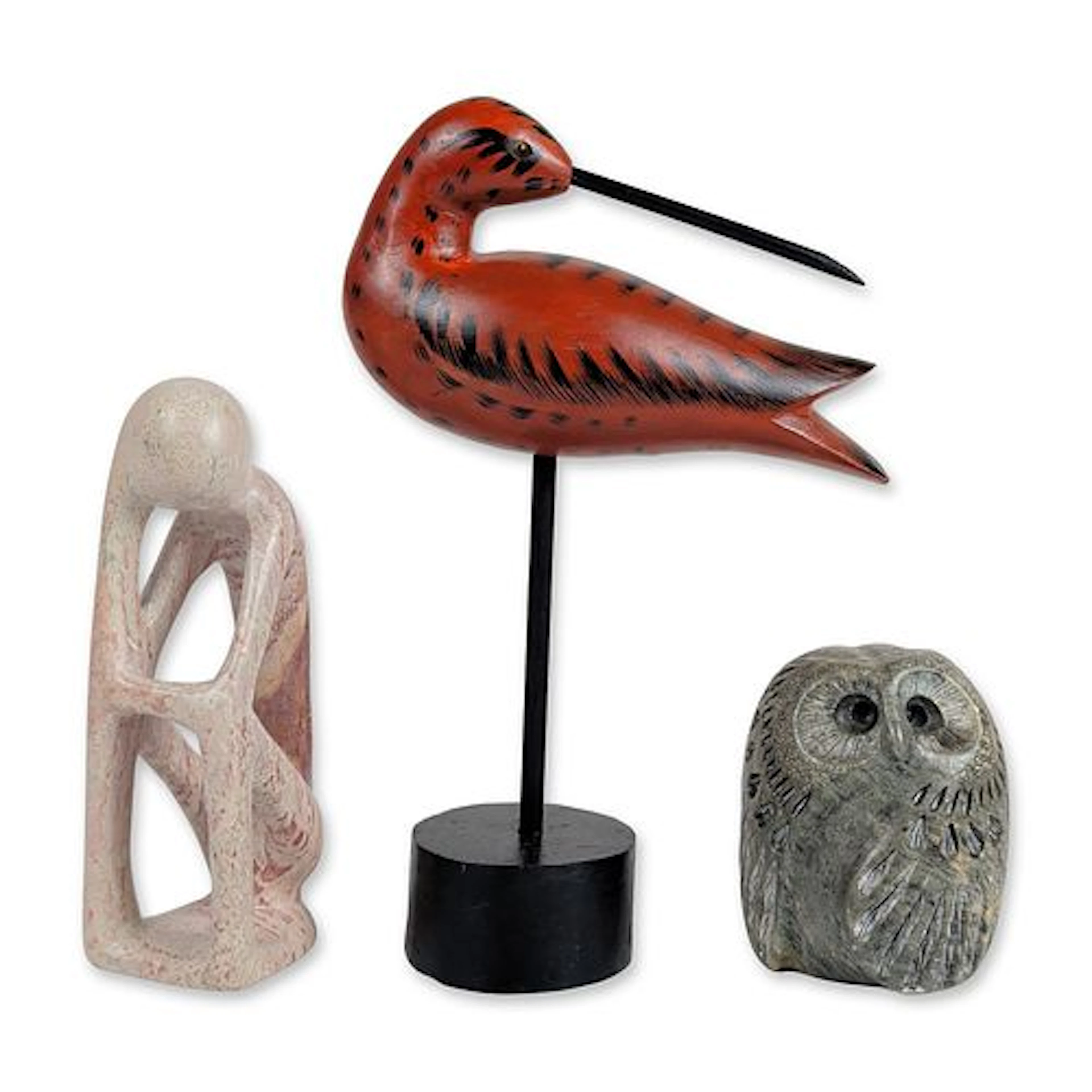 3pc Hand Carved Stone and Wood Sculptures, Includes Glenn Heath Owl
