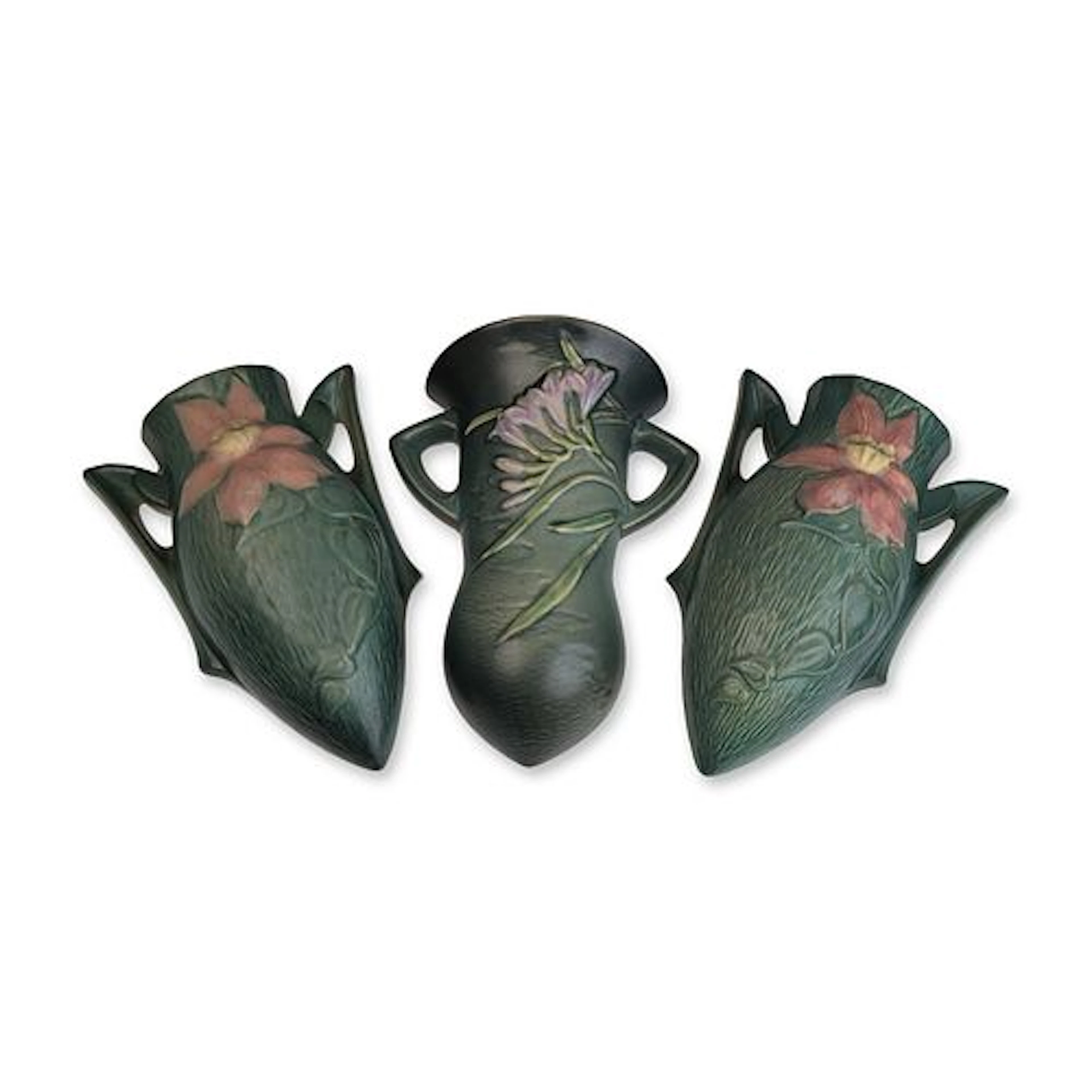 3pc Roseville Clematis and Freesia Earthenware Wall Pockets
