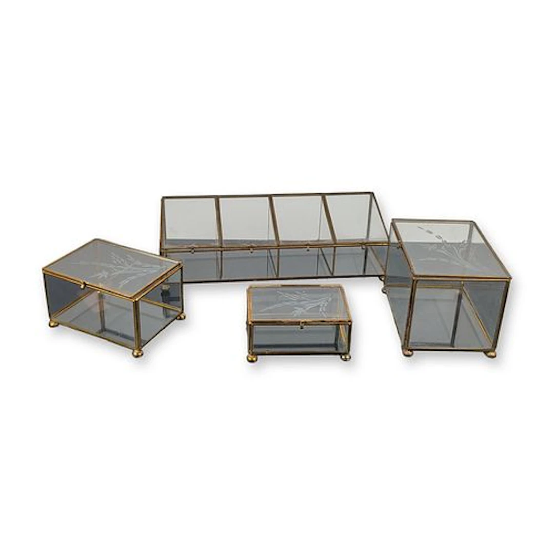 4pc Hollywood Regency Glass and Brass Jewelry Boxes