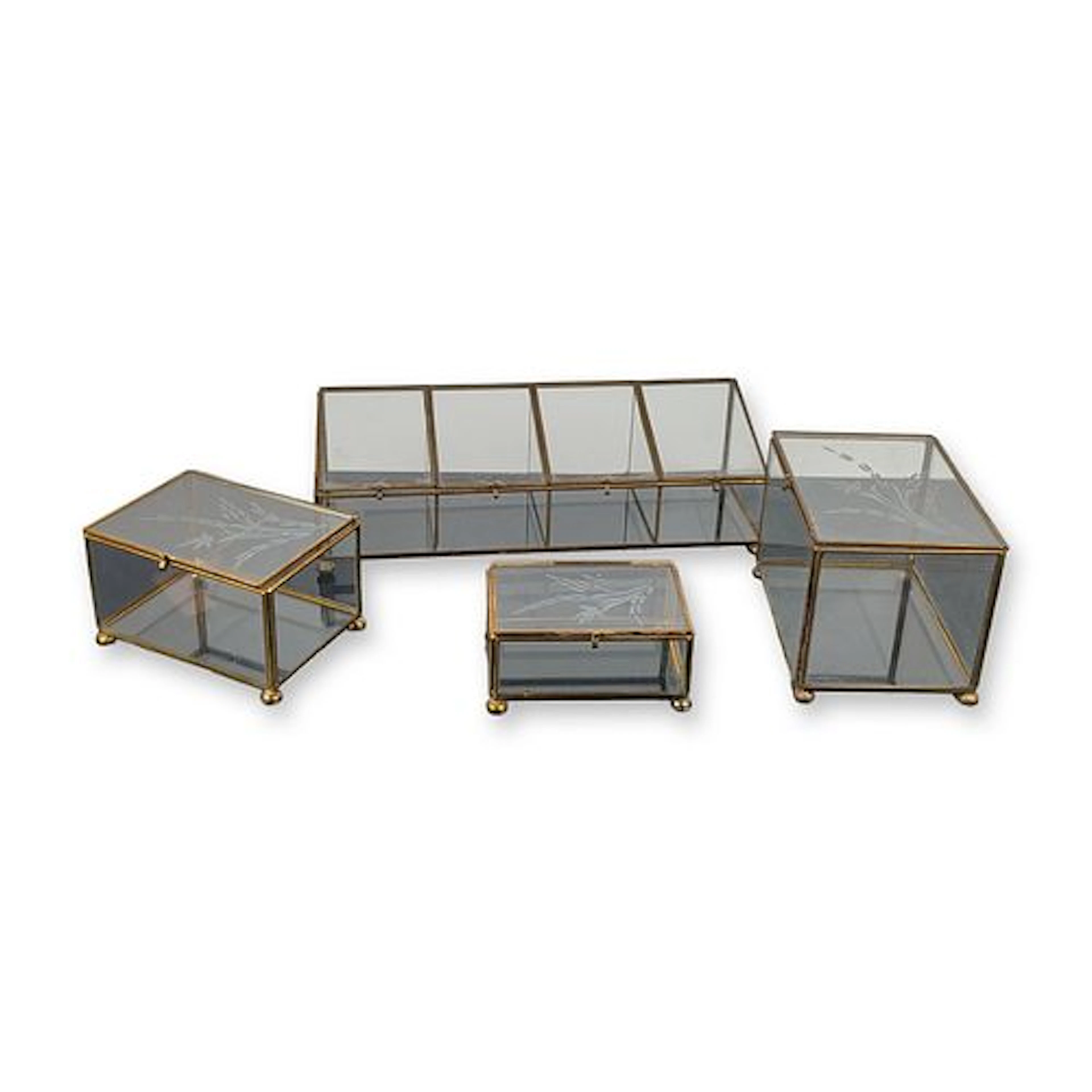 4pc Hollywood Regency Glass and Brass Jewelry Boxes