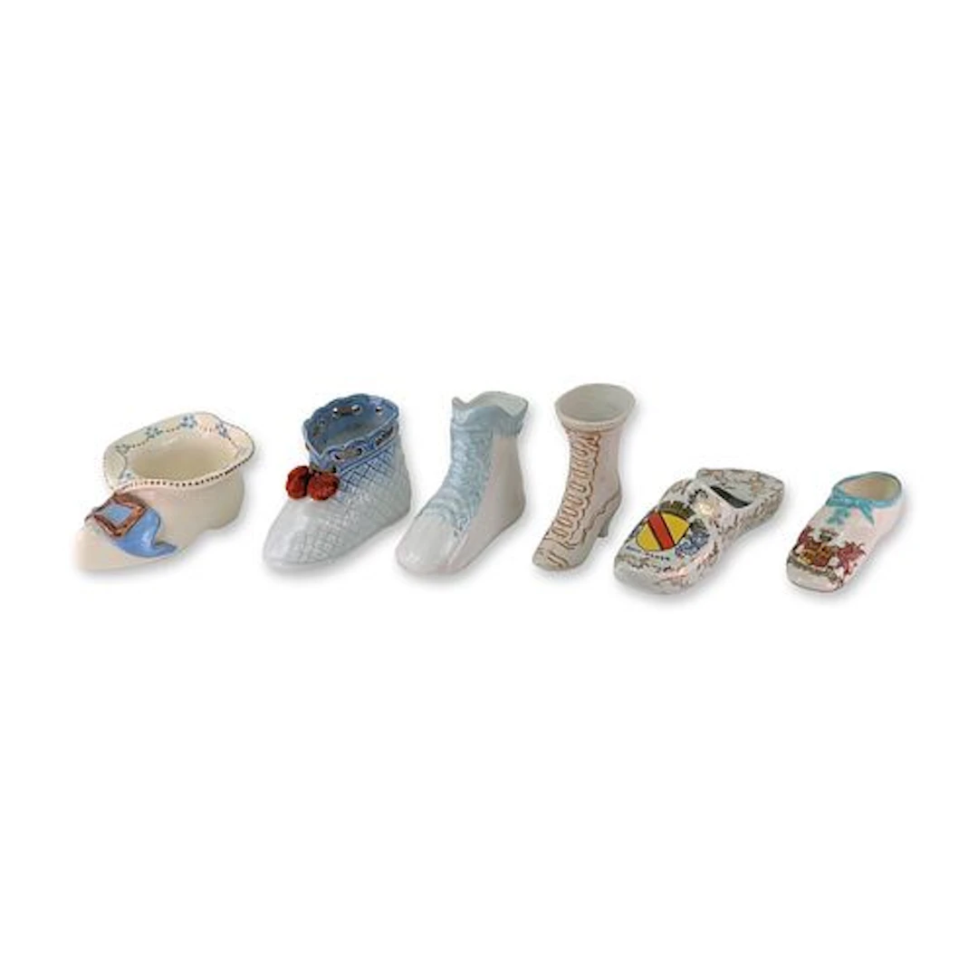 Collection of Six Decorative Porcelain and Ceramic Shoe Figurines