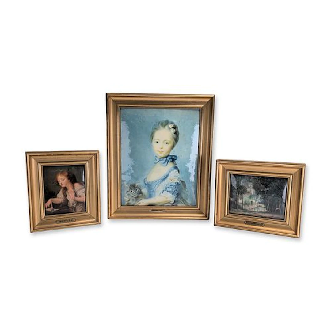 3pc Helca Framed Gilded Hand-Hammered Metal French Art Plaques
