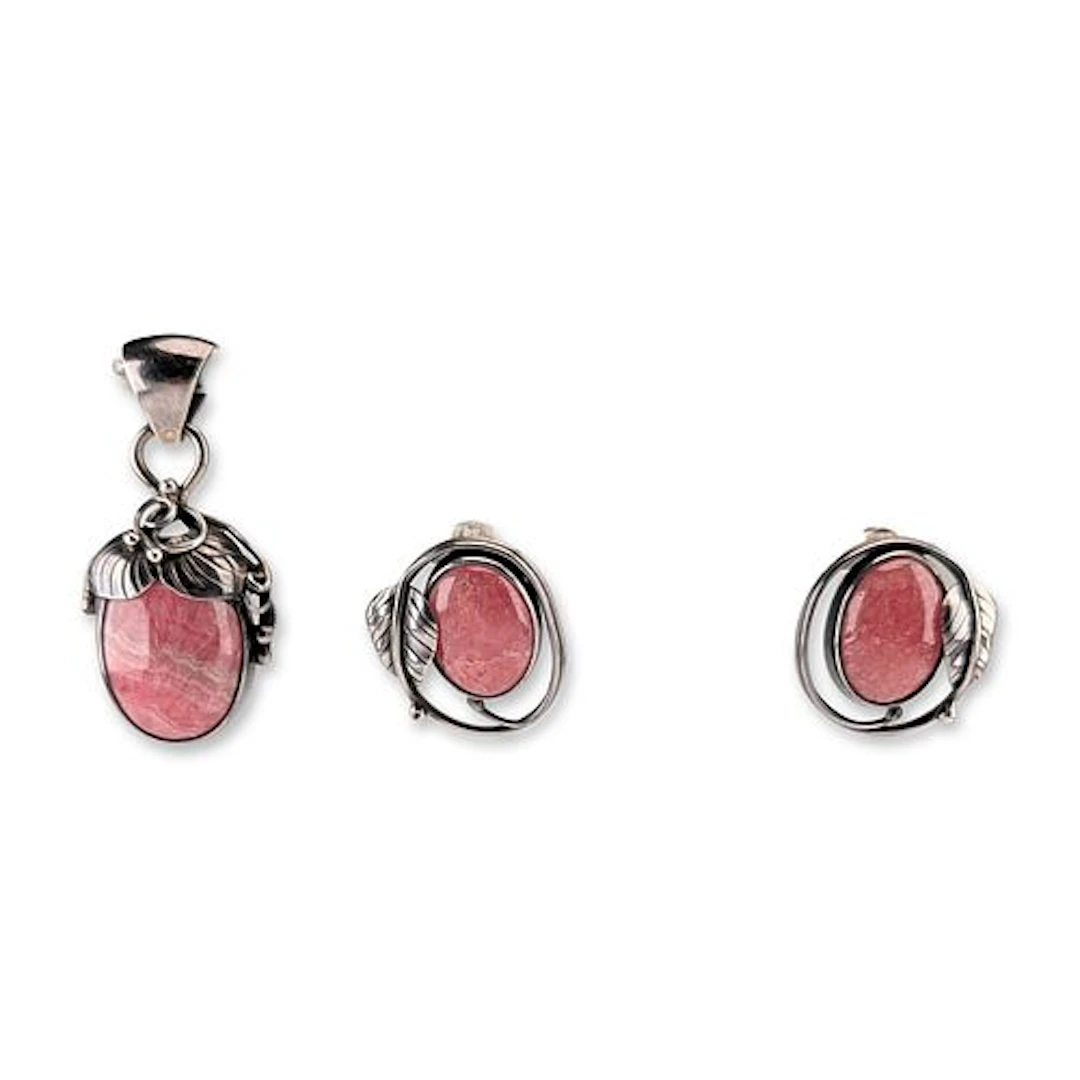 2pc Sterling Silver and Rhodochrosite Pendant and Earring Set