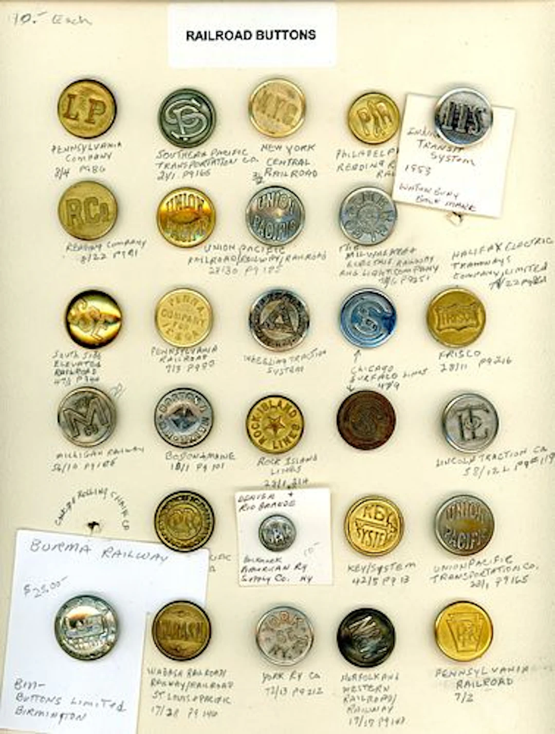 A CARD OF DIVISION ONE RAILROAD BUTTONS