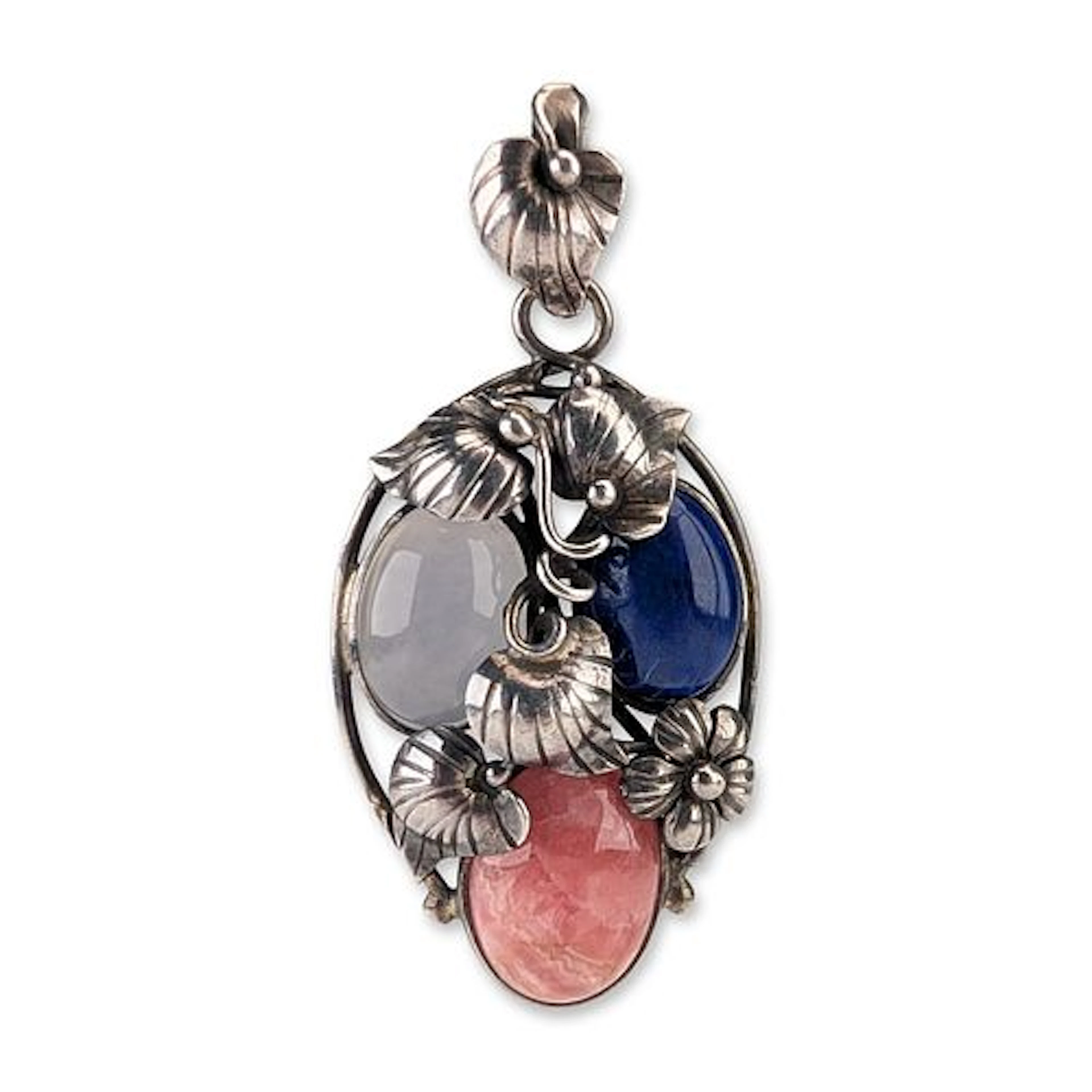 Art Nouveau Style Sterling Silver and Multi-Gemstone Foliate Pendant