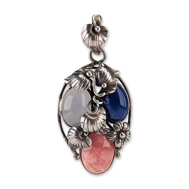 Art Nouveau Style Sterling Silver and Multi-Gemstone Foliate Pendant