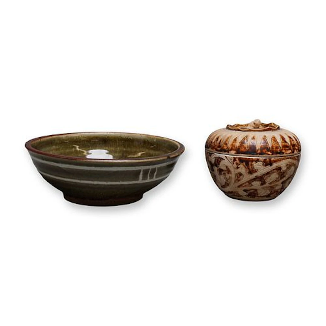 2pc Southeast Asian Glazed Ceramic Stoneware Vessels