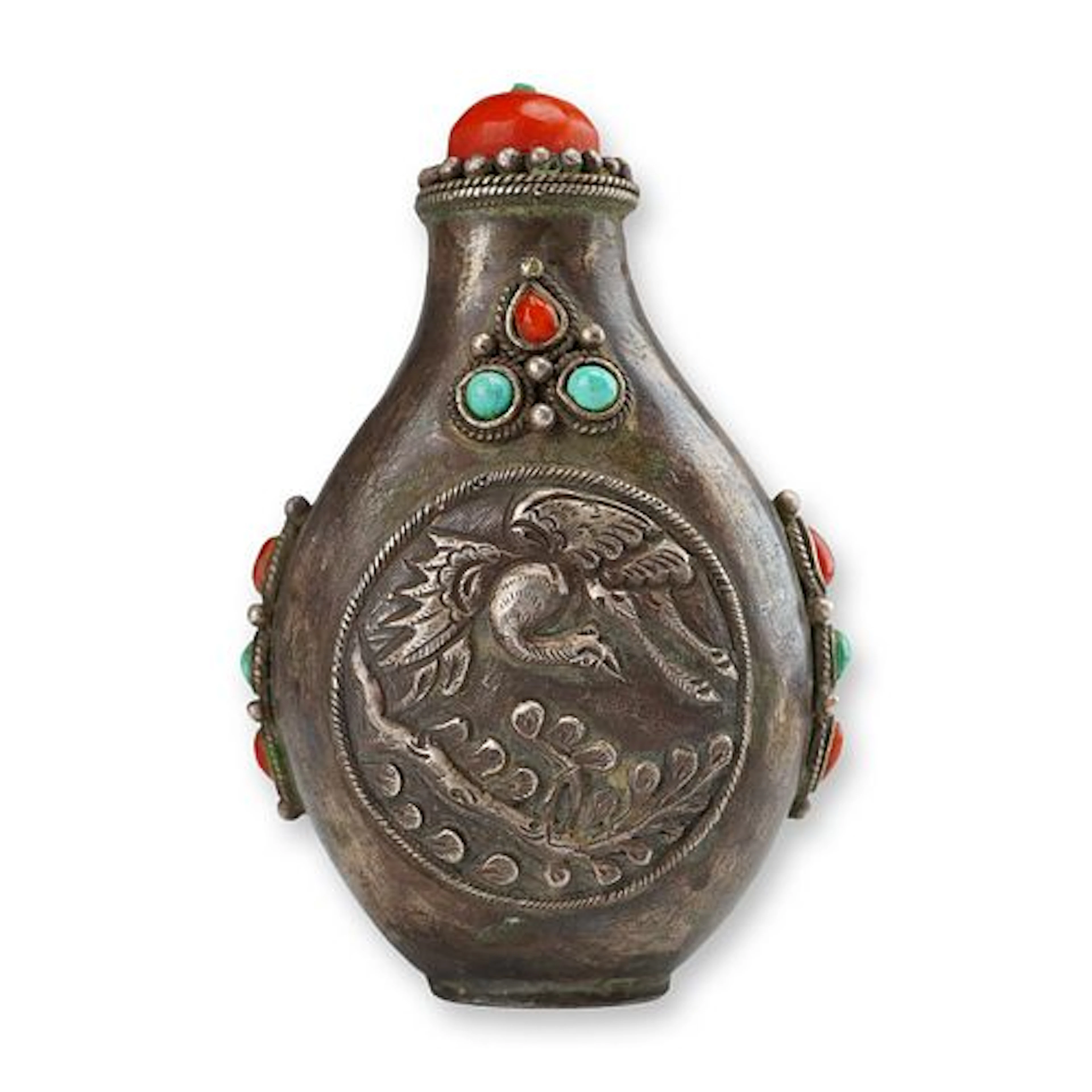 Mongolian Silver Repousse Snuff Bottle, Crane and Branch