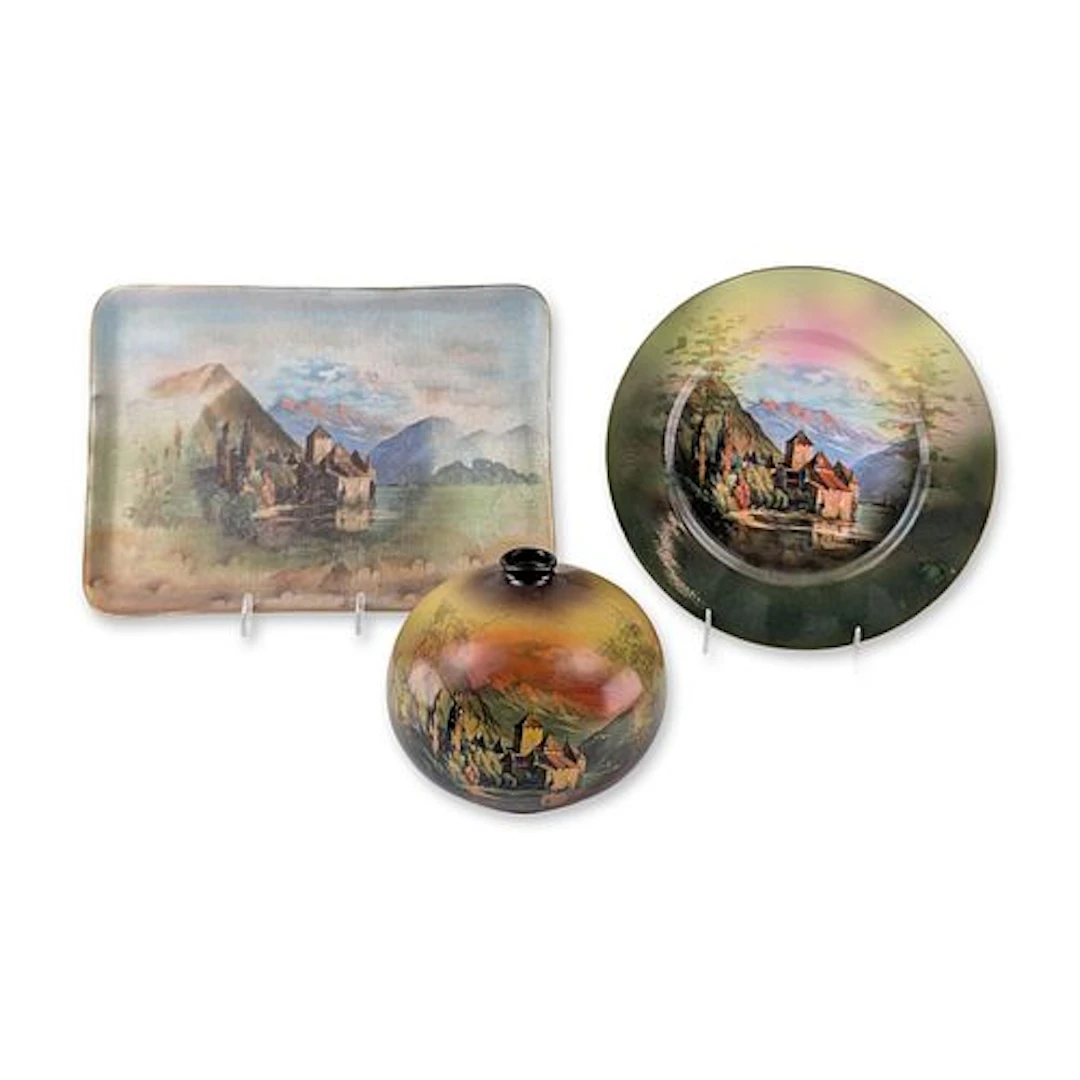 3pc Royal Bayreuth Bavaria Hand Painted Porcelain Landscape Tray, Plate & Vase