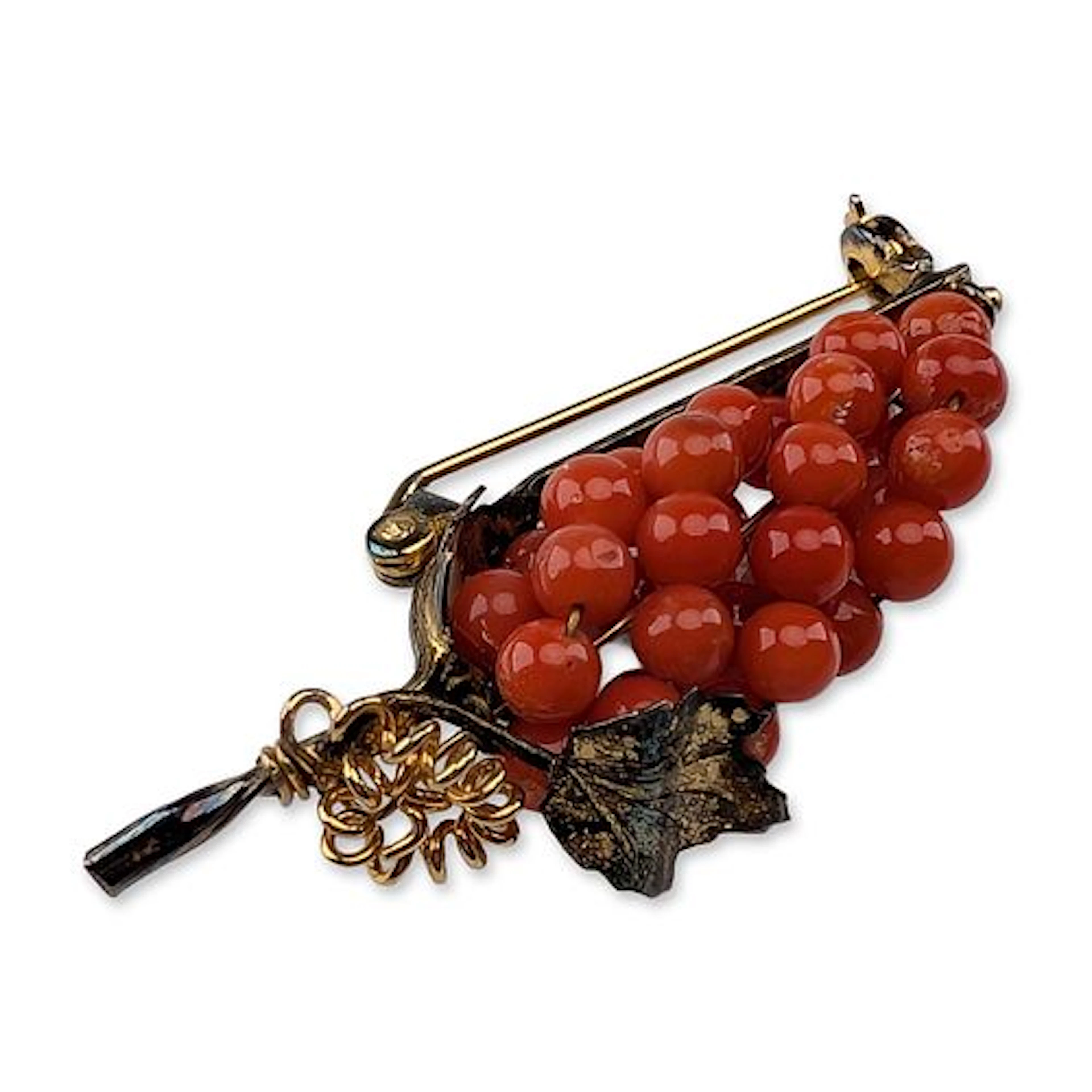 Vintage Coral and Gold-Plated 800 Silver Grape Brooch