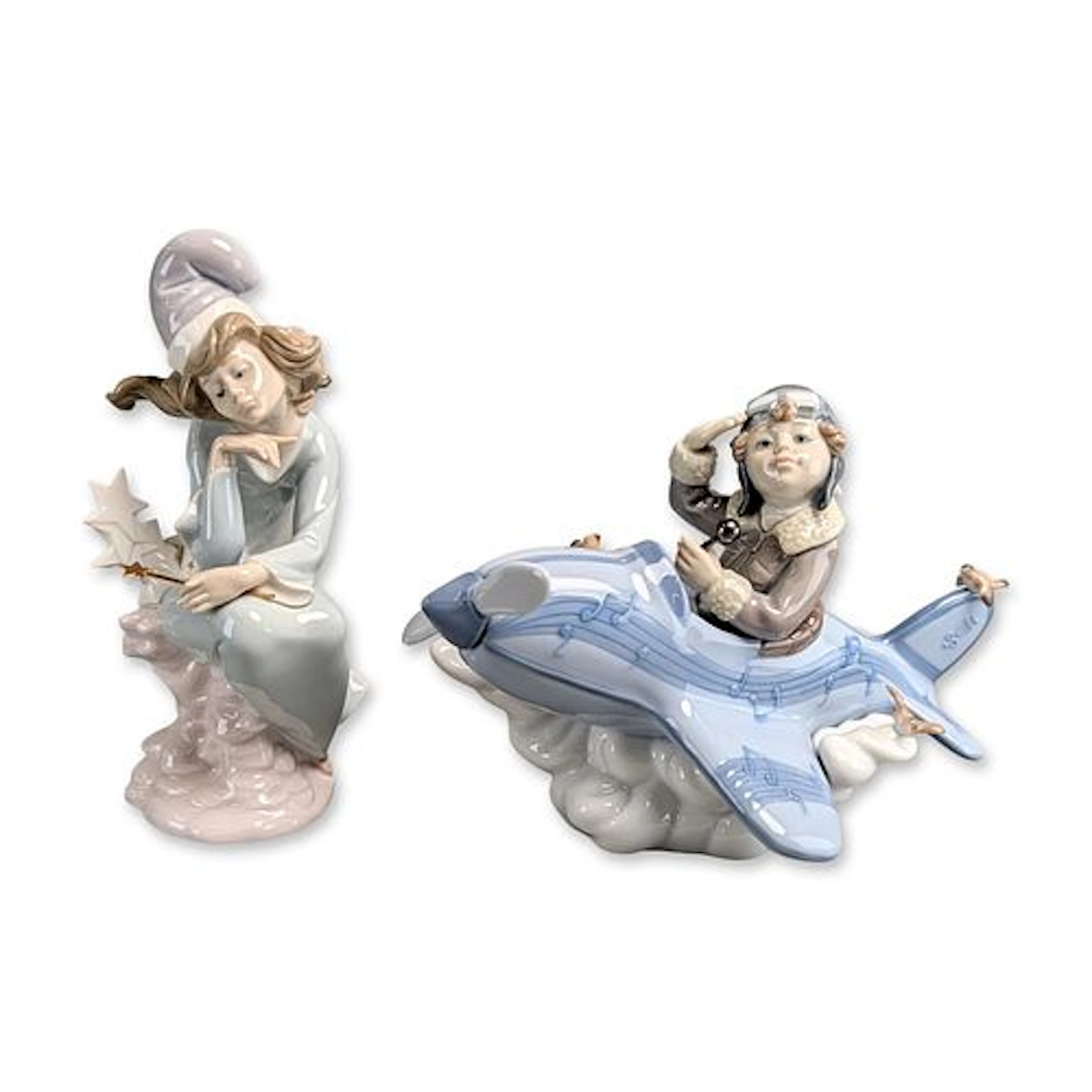 2pc Lladro Glazed Porcelain Whimsical Figurines, Wishing on a Star
