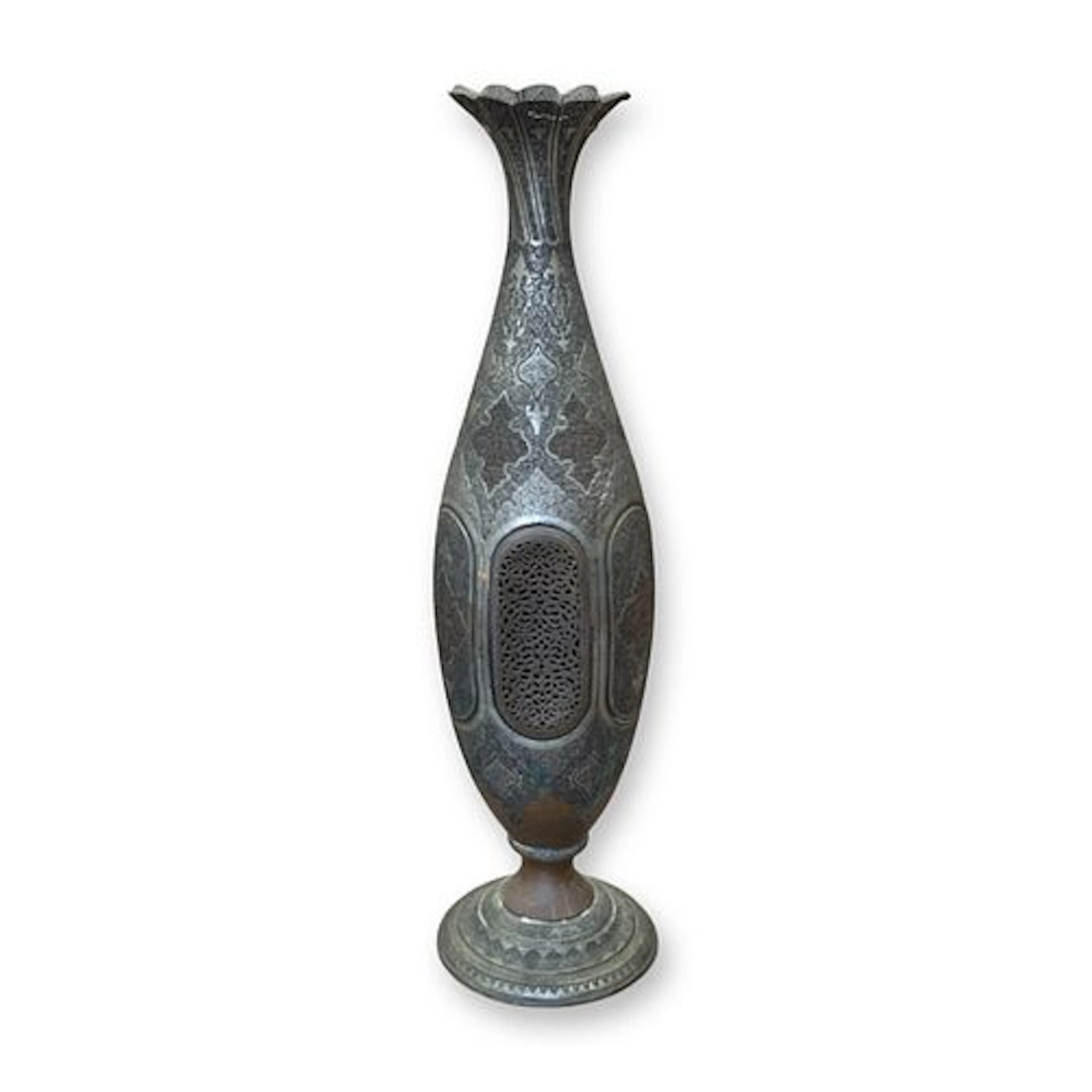 Large Indo-Persian Tinned Copper Pierced and Engraved Floor Vase