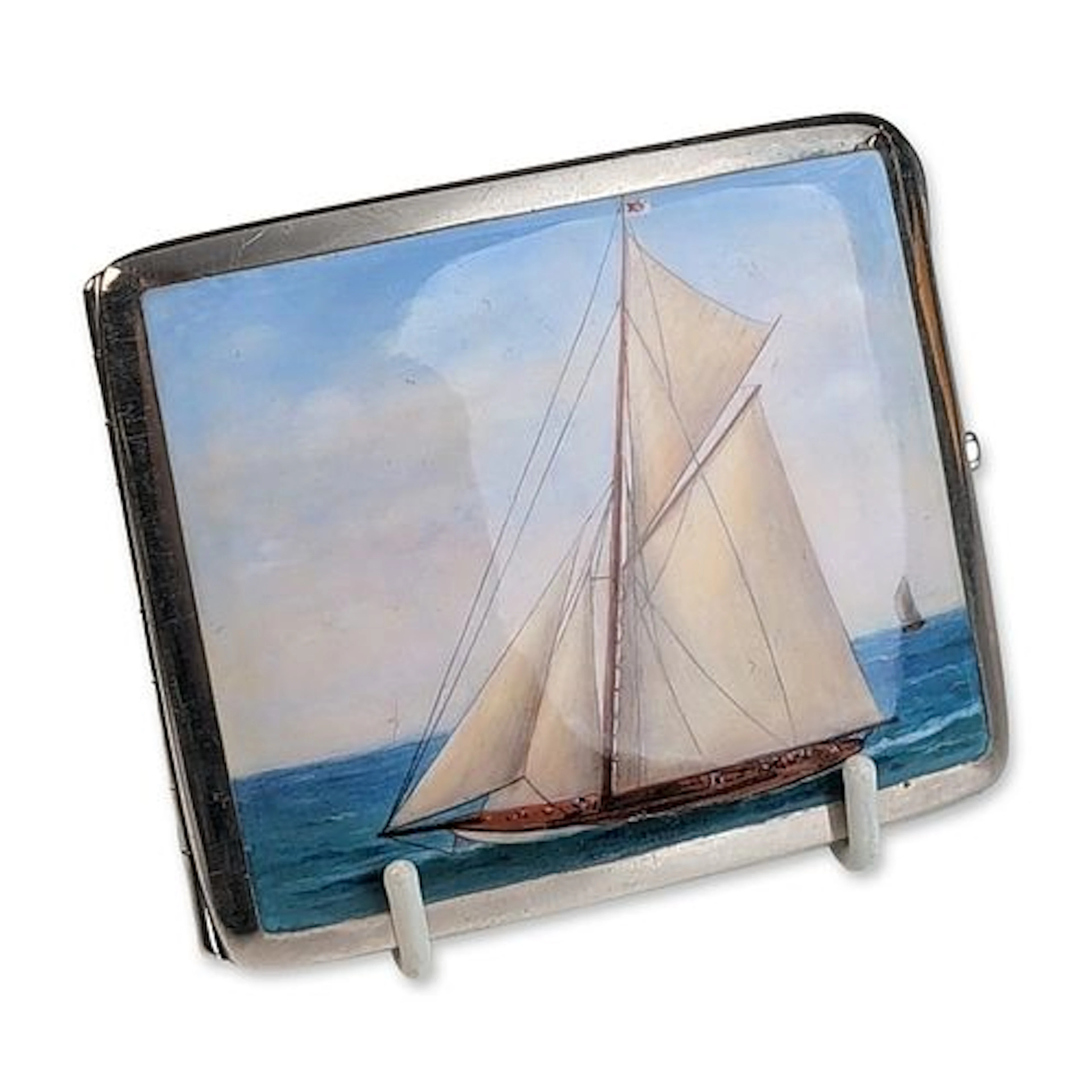 German .935 Sterling Silver and Enamel Nautical Cigarette Case