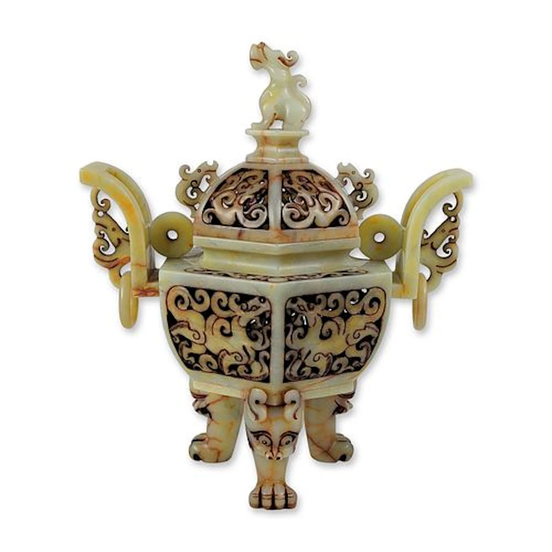 Chinese Archaic Style Carved Pale Celadon Hardstone Covered Censer