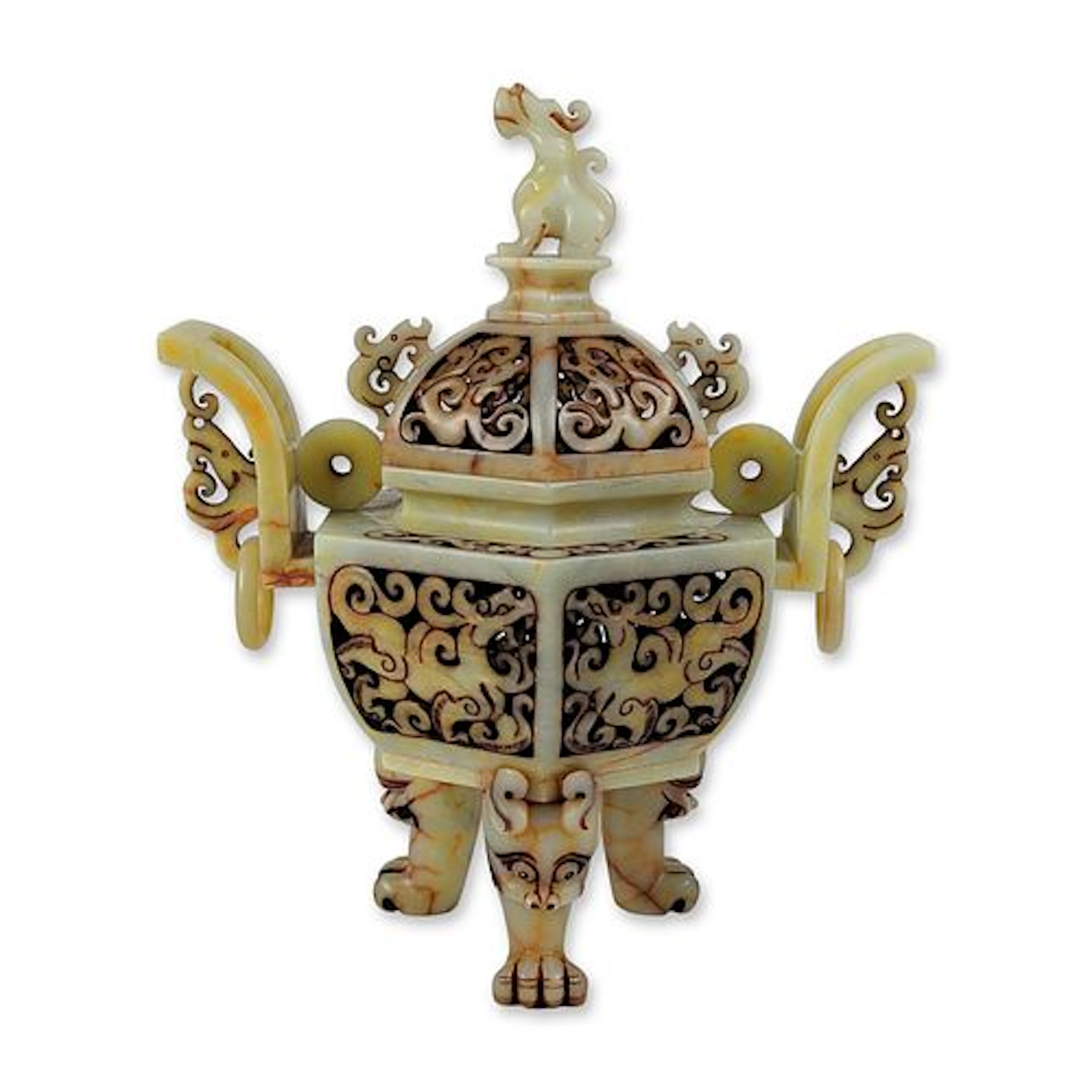 Chinese Archaic Style Carved Pale Celadon Hardstone Covered Censer