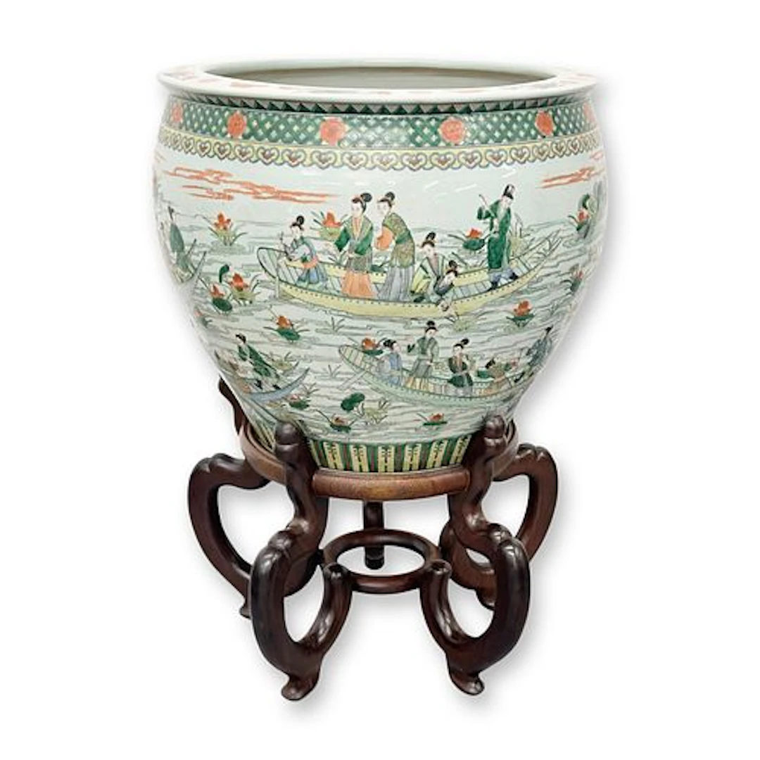 Large Chinese Famille Verte Fish Bowl with Stand
