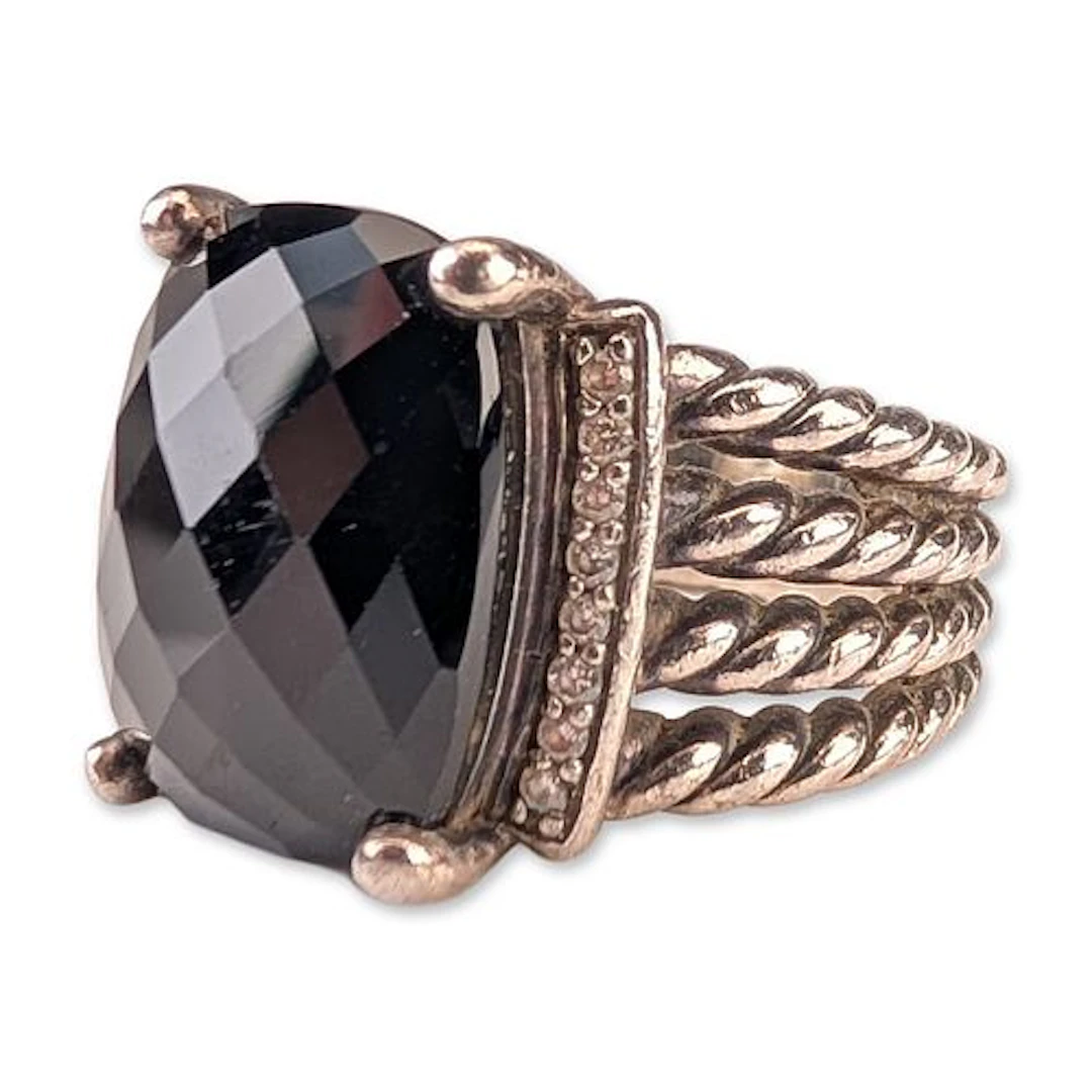 David Yurman Sterling Silver Onyx and Diamond Ring