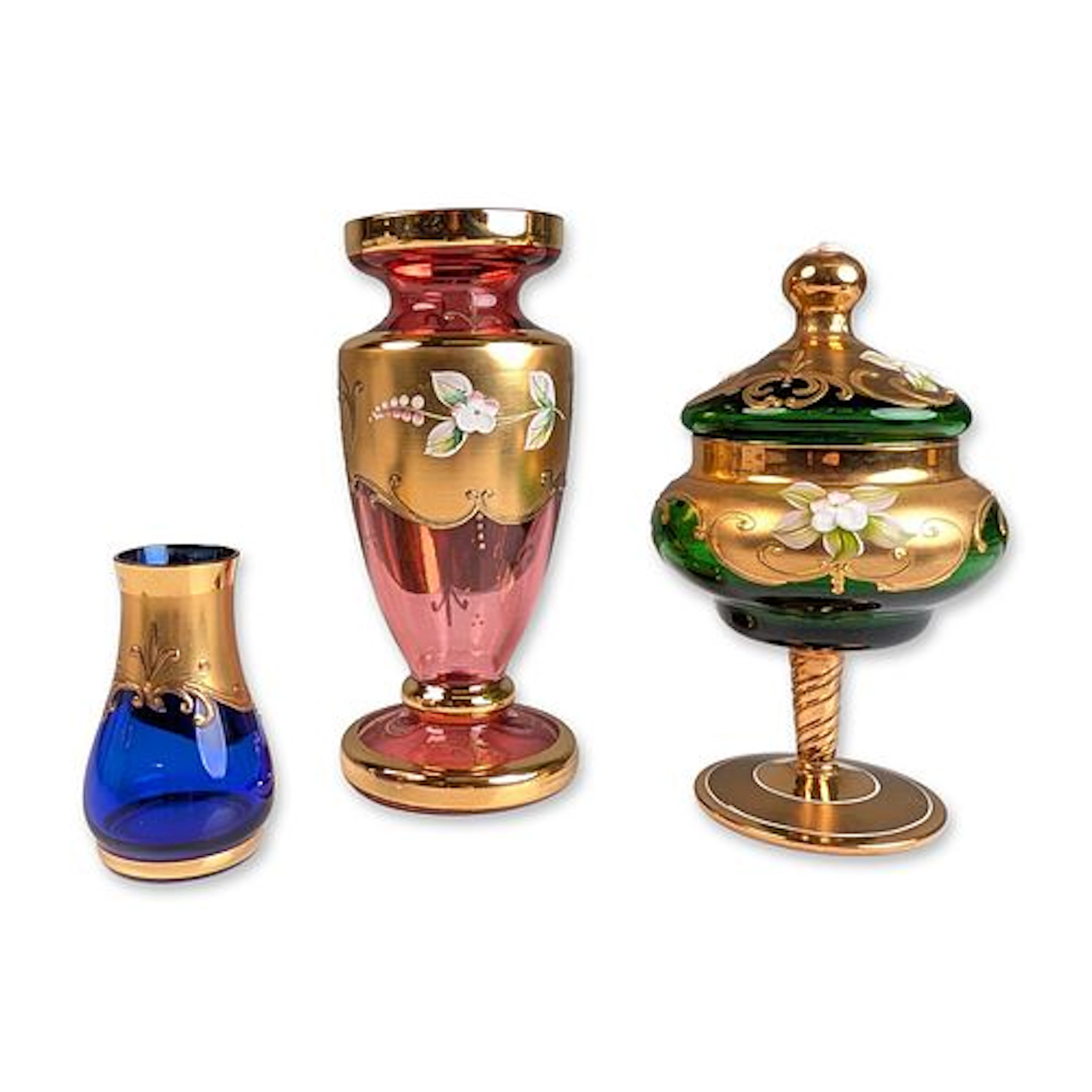 3pc Venetian Tre Fuochi Gilt Art Glass Vessels