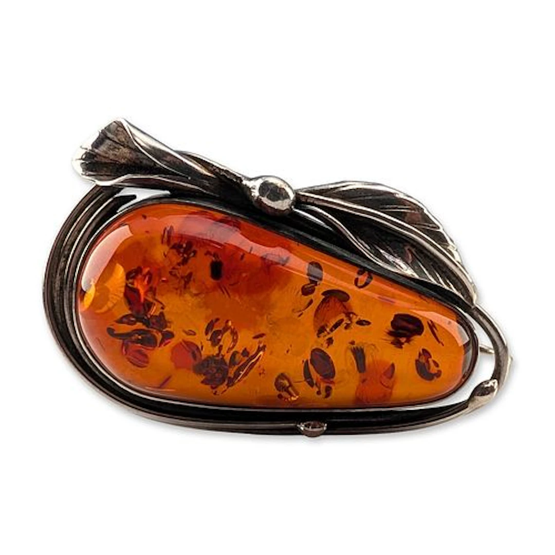 Large Vintage Sterling Silver and Cognac Amber Foliate Motif Pendant Brooch