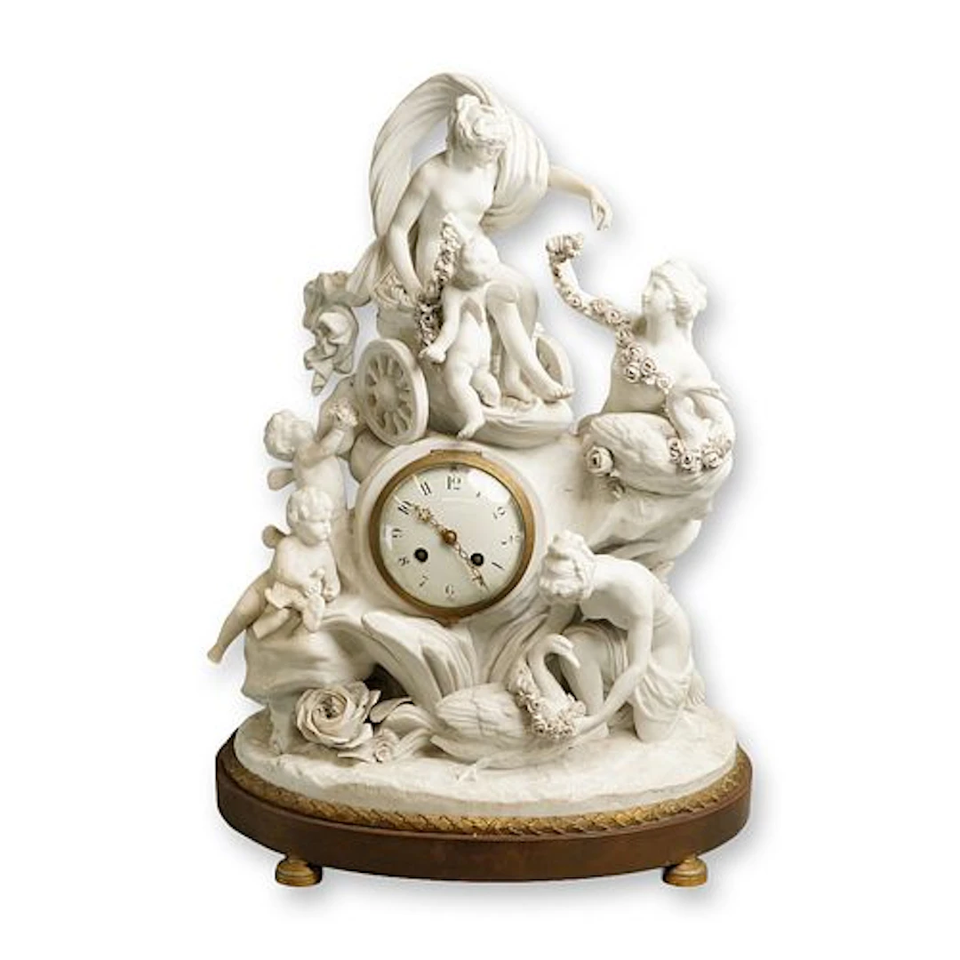 French 19th Century Biscuit Porcelain Mantel Clock, Bearing Sevres Marks