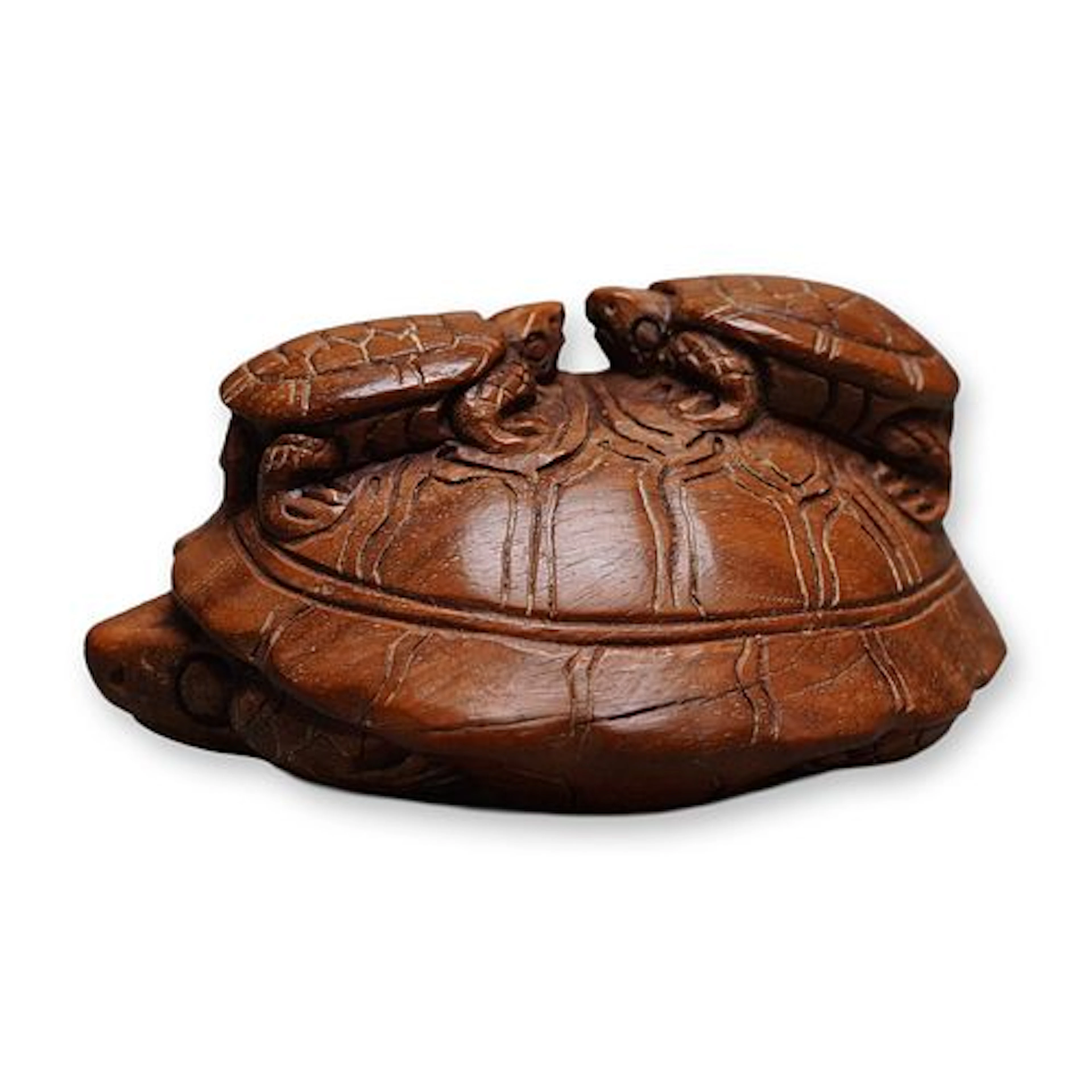 Boxwood Netsuke, Turtle with Two Baby Turtles on Back, Signed