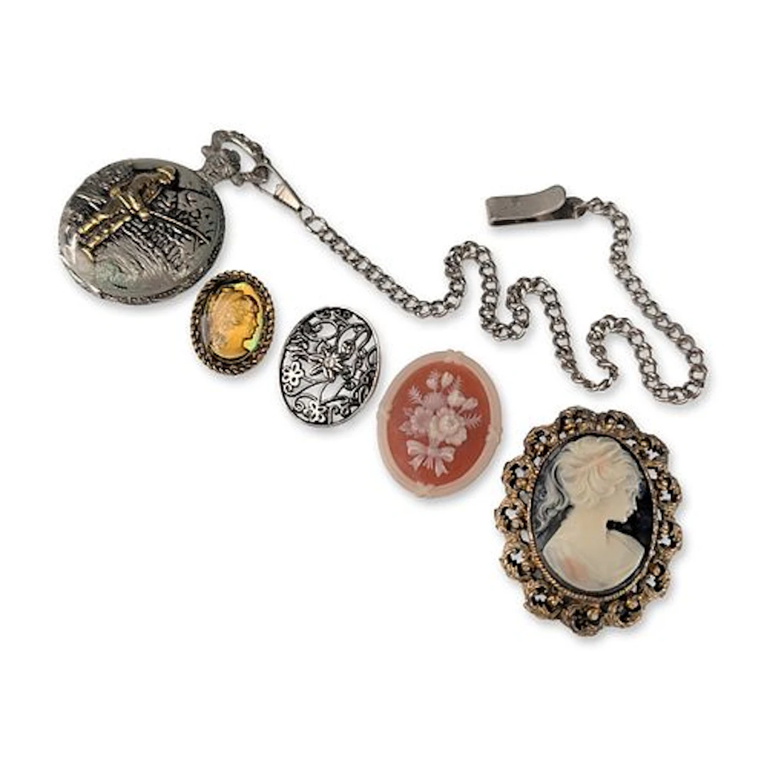 5pc Vintage Cameo, Floral, and Fisherman Costume Brooch Pins and Pocket Watch