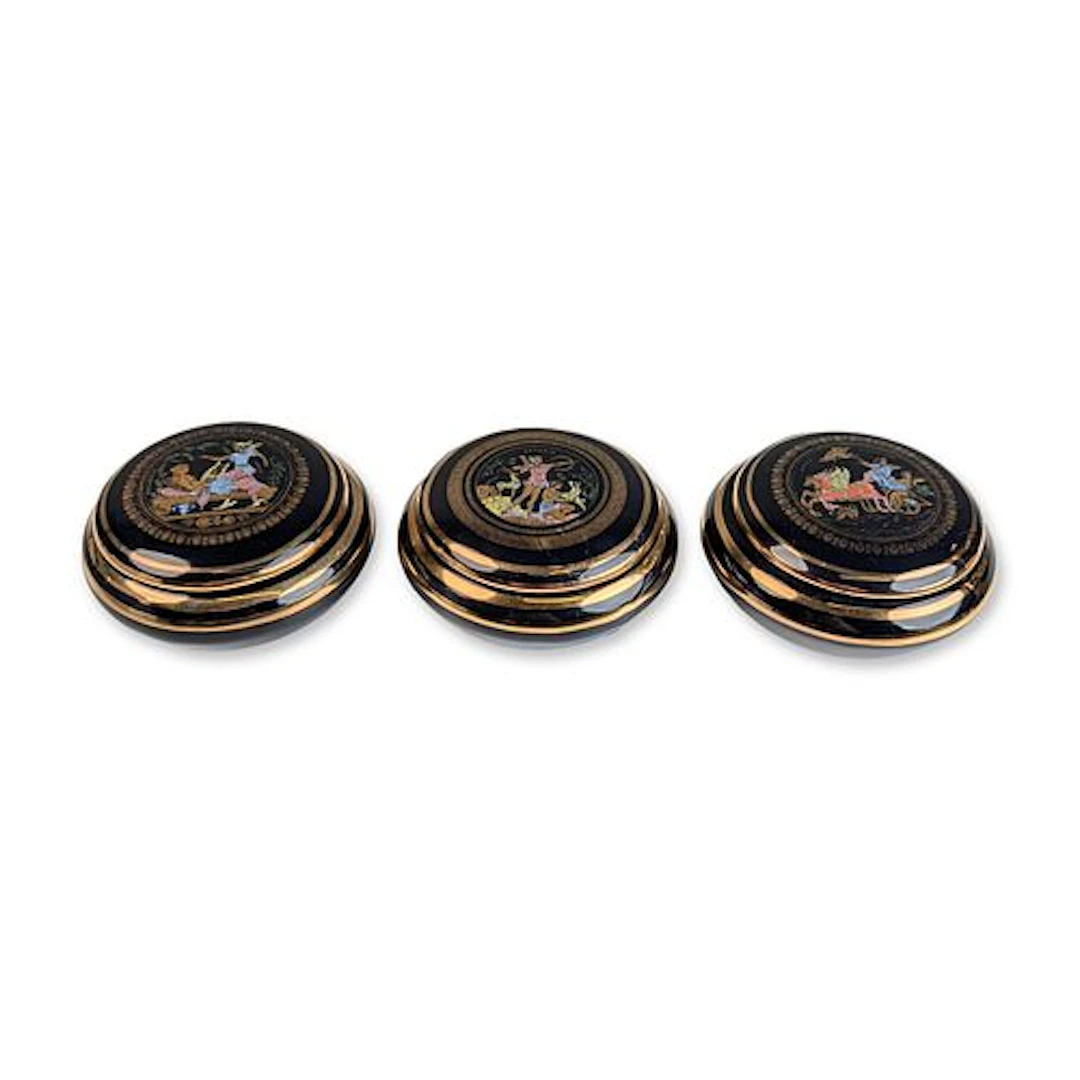 3pc Greek Hand Made 24K Gold Trim Ceramic Trinket Boxes