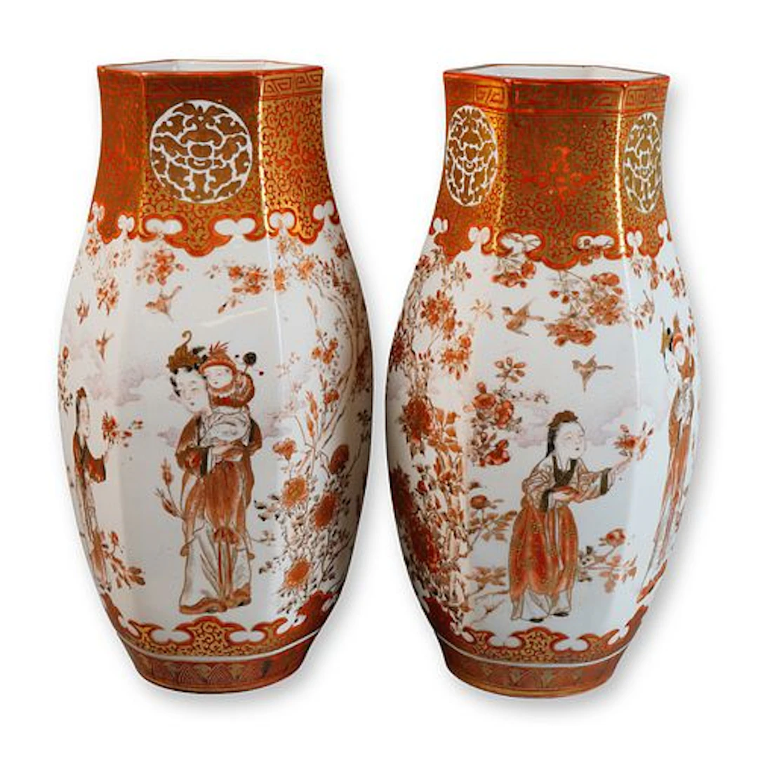 Pair of Japanese Kutani Hexagonal Vases
