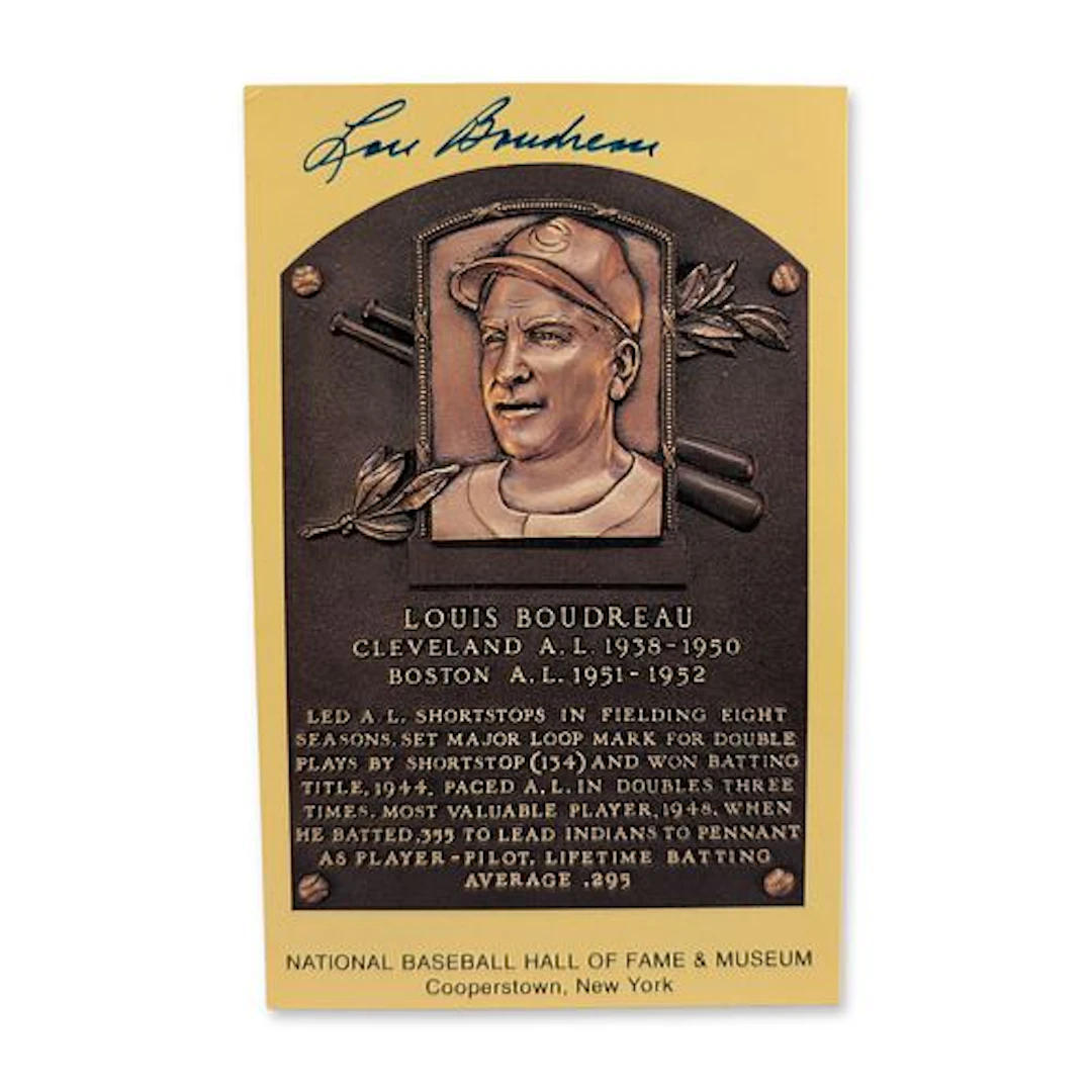 Lou Boudreau Signed Hall of Fame Plaque Postcard JSA w/ COA