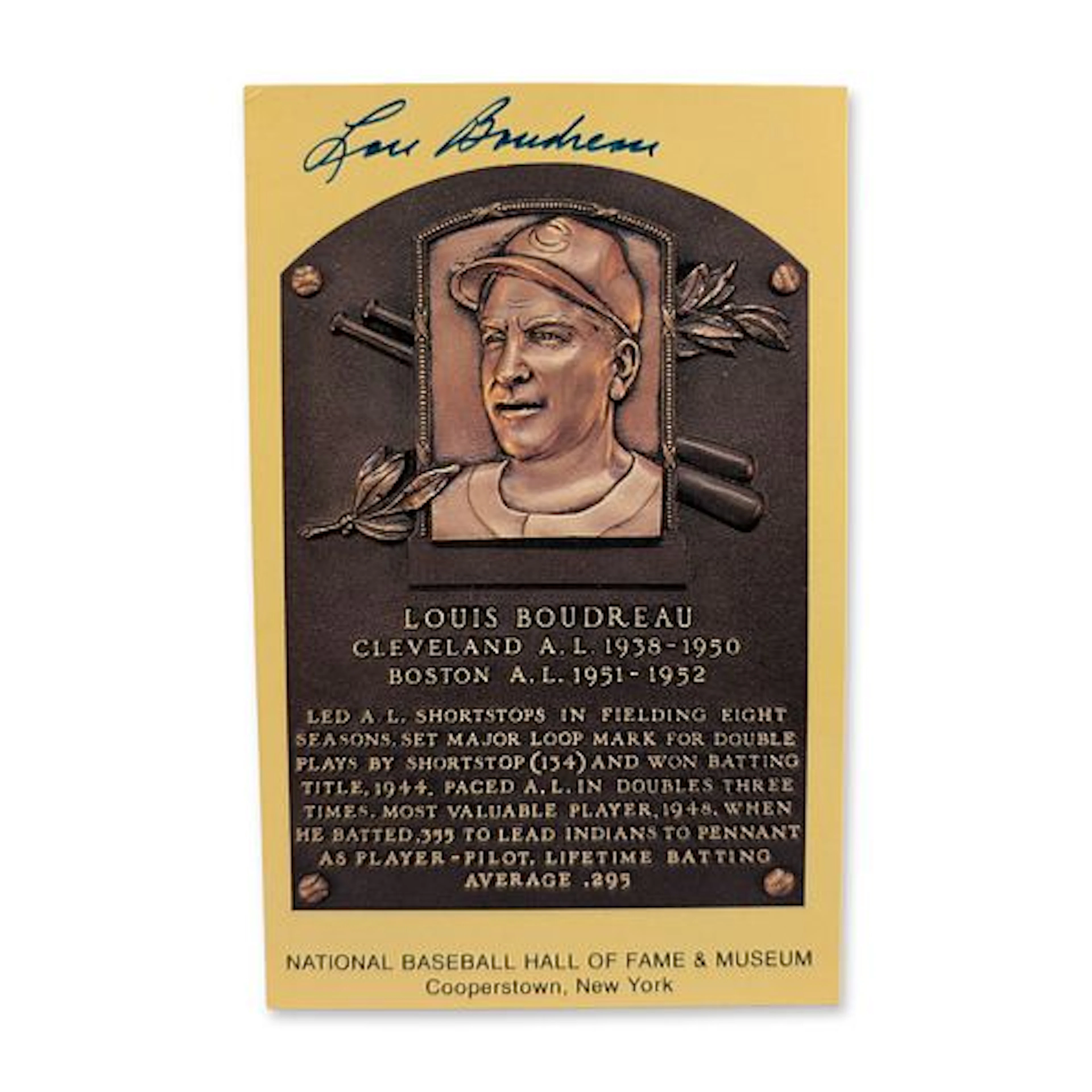 Lou Boudreau Signed Hall of Fame Plaque Postcard JSA w/ COA