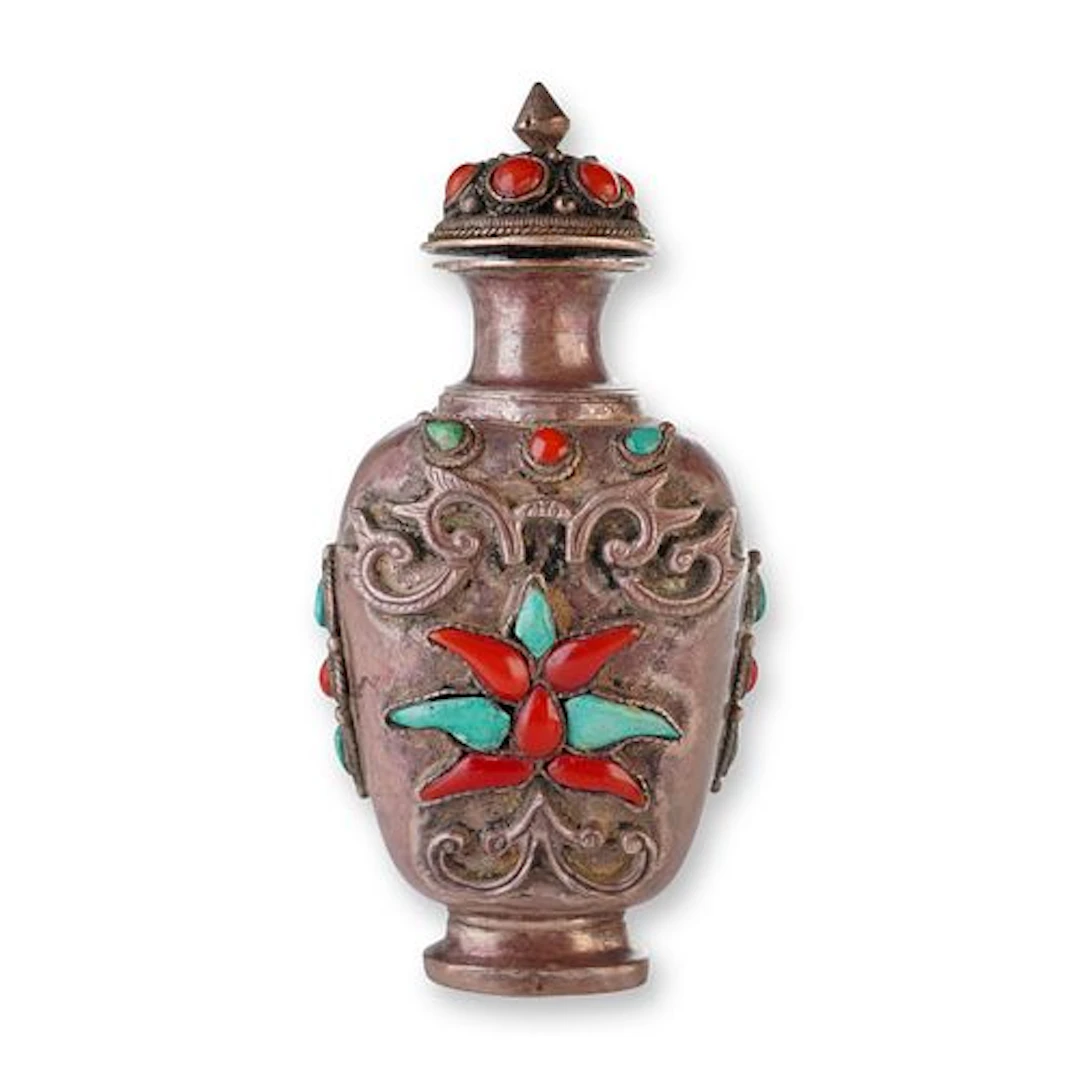Mongolian Silver Repousse Snuff Bottle, Green and Red Lotus Flower