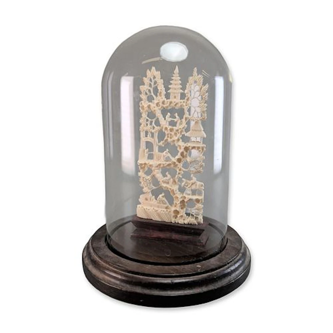 Chinese Carved Bone Architectural Landscape Diorama with Glass Cloche