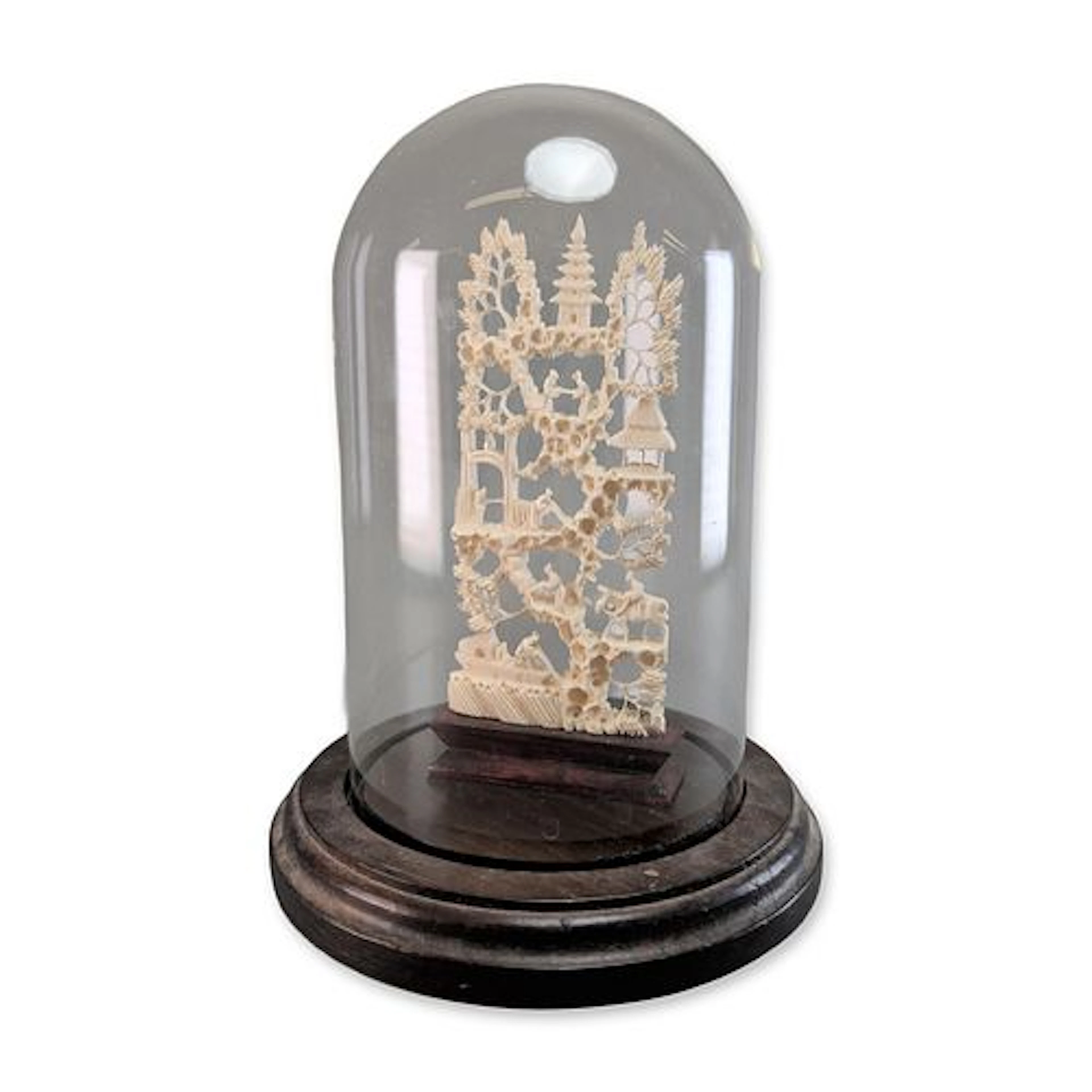 Chinese Carved Bone Architectural Landscape Diorama with Glass Cloche