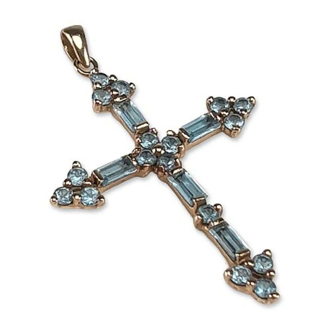 10K Yellow Gold and Blue Topaz Cross Pendant