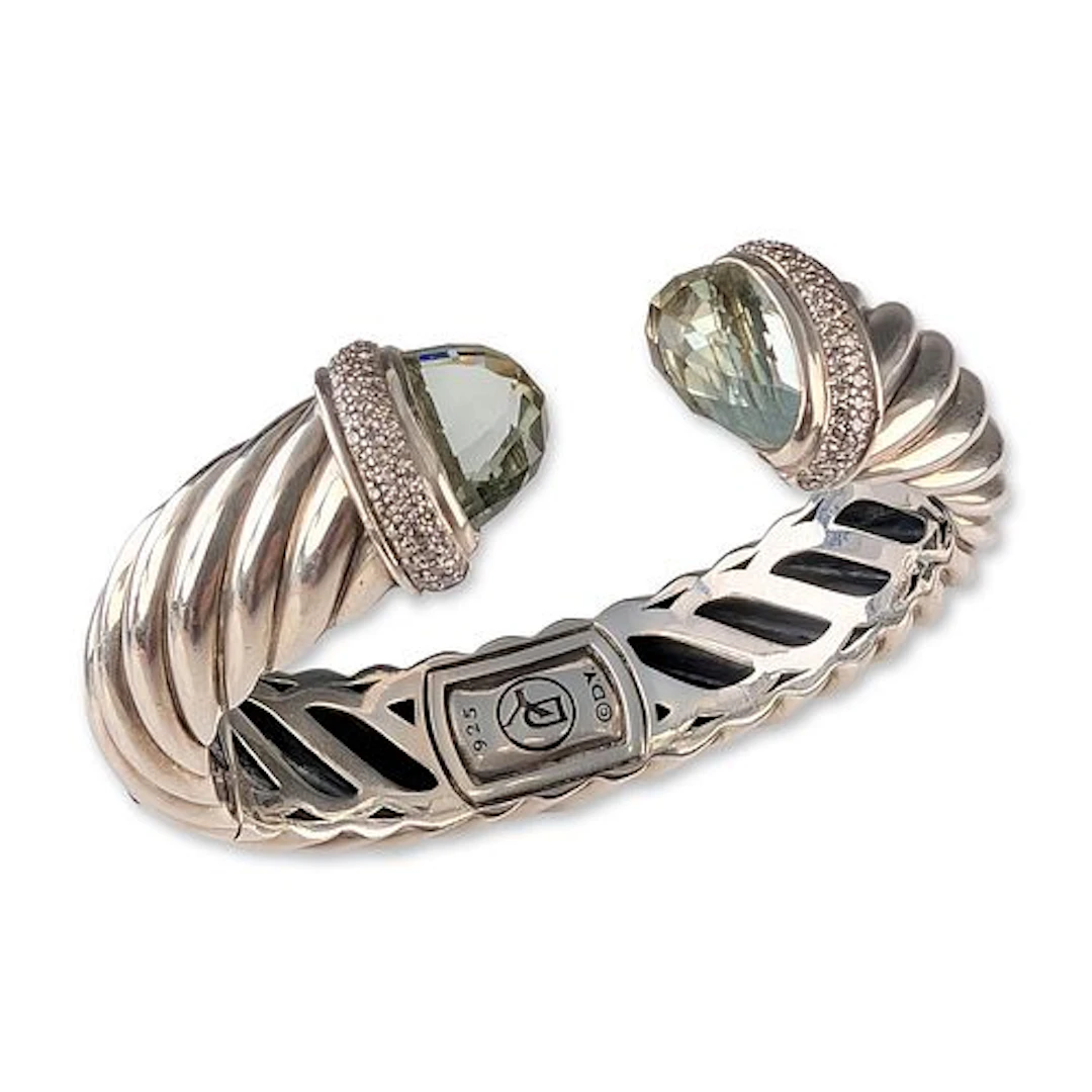 David Yurman Sterling Silver Prasiolite and Diamond Waverly Cuff Bracelet
