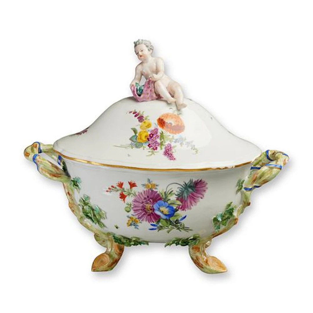 An Important Meissen Porcelain Figural Soup Tureen and Cover Surmounted