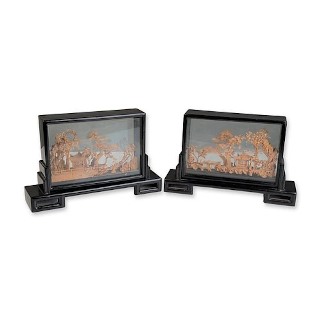 4pc Chinese Cork Landscape Dioramas in Lacquered Frames with Stands