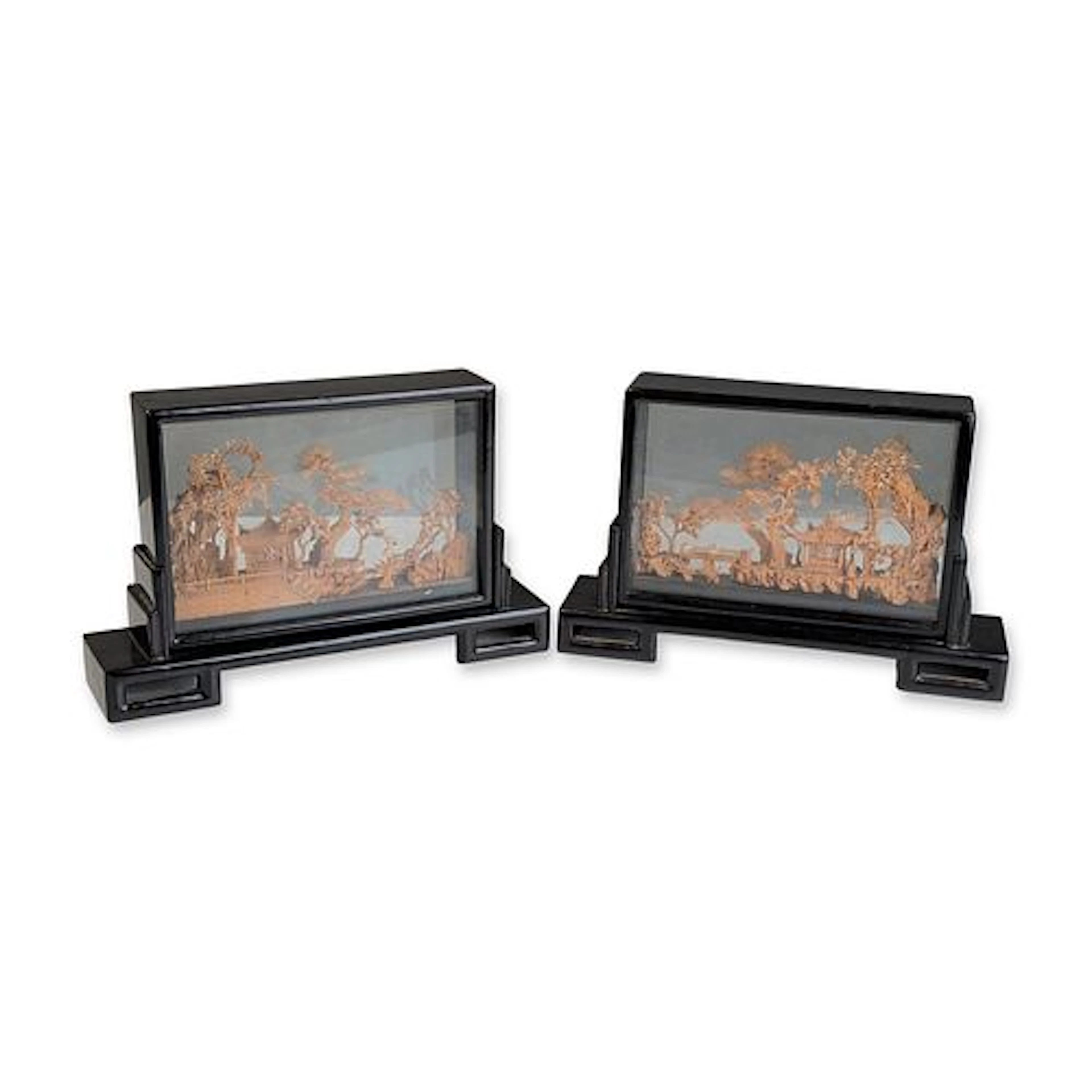 4pc Chinese Cork Landscape Dioramas in Lacquered Frames with Stands