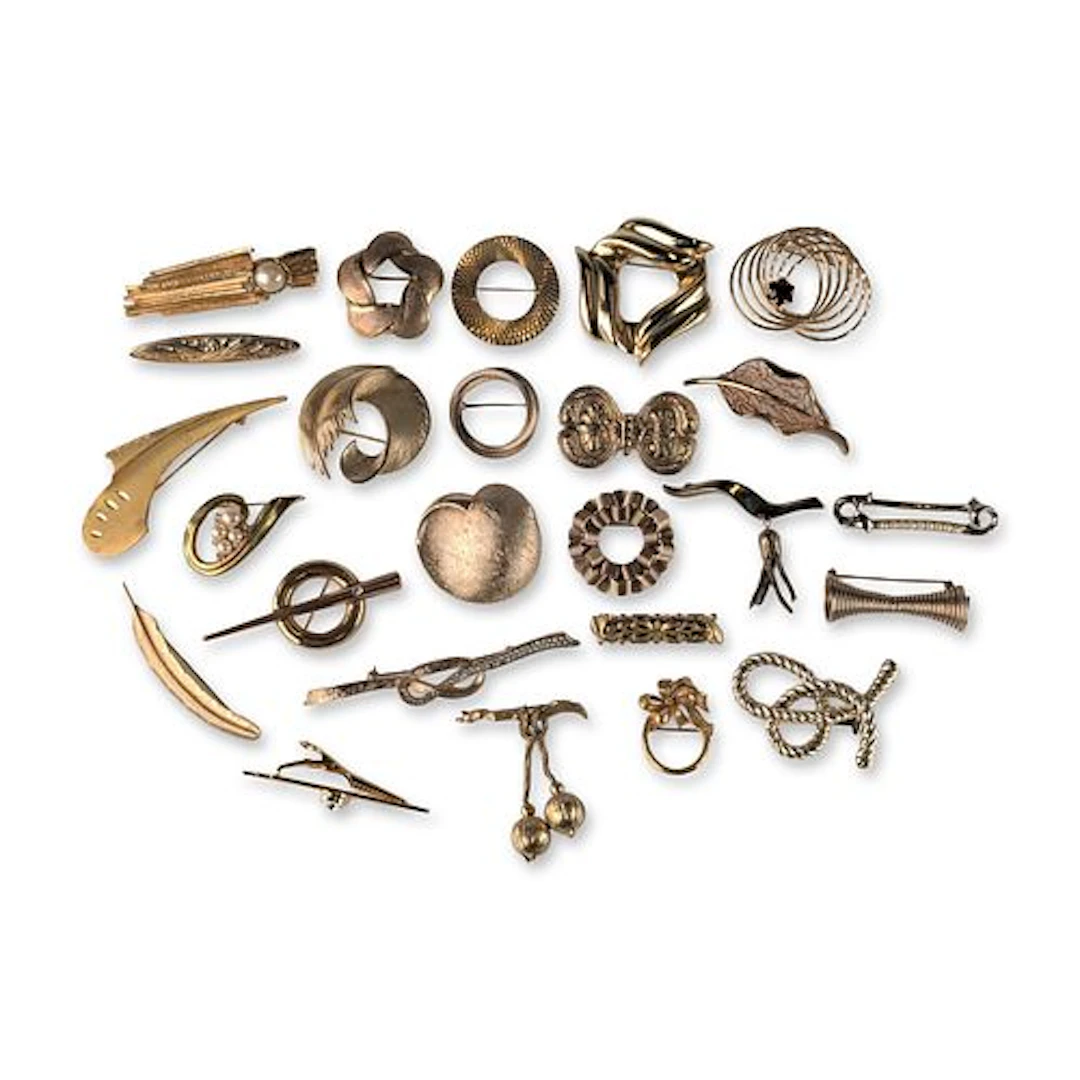 25pc Assorted Mid-Century Botanical and Geometric Gold-Tone Brooch Pins