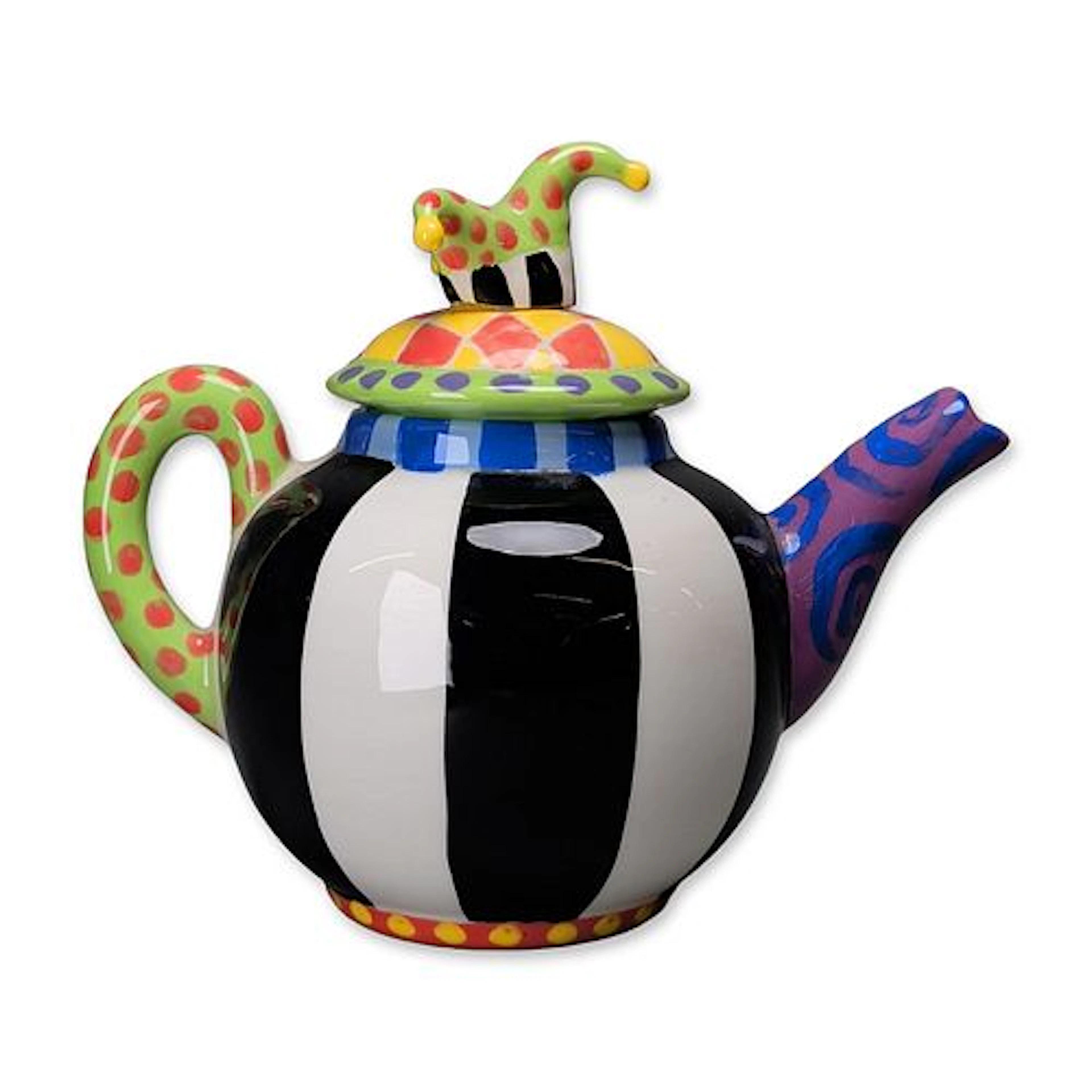 Whimsical Harlequin Artisan Ceramic Teapot, Signed
